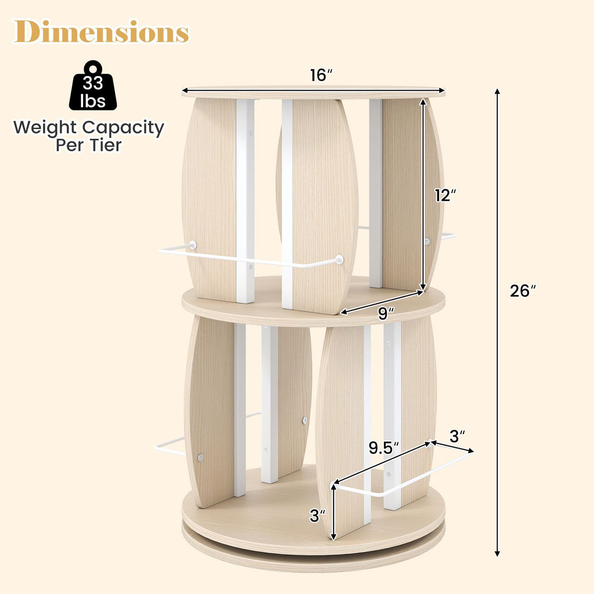 2-Tier Rotating Bookshelf Tower with Display Stands and Side Rails, Oak