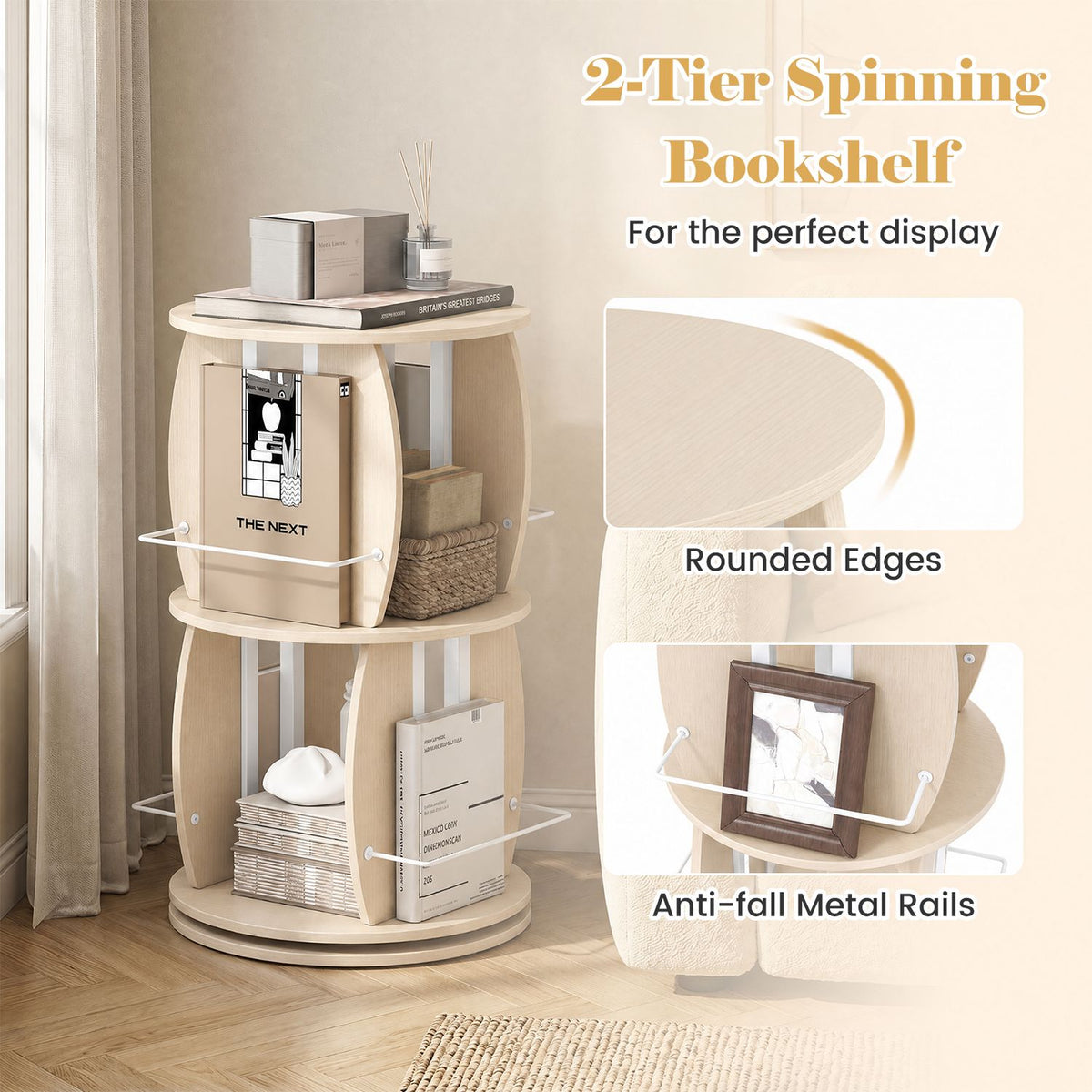 2-Tier Rotating Bookshelf Tower with Display Stands and Side Rails, Oak