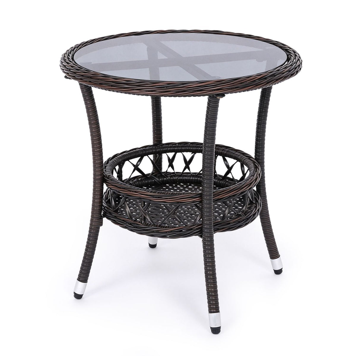 Single dark woven bistro table with a glass top, shown at an angle