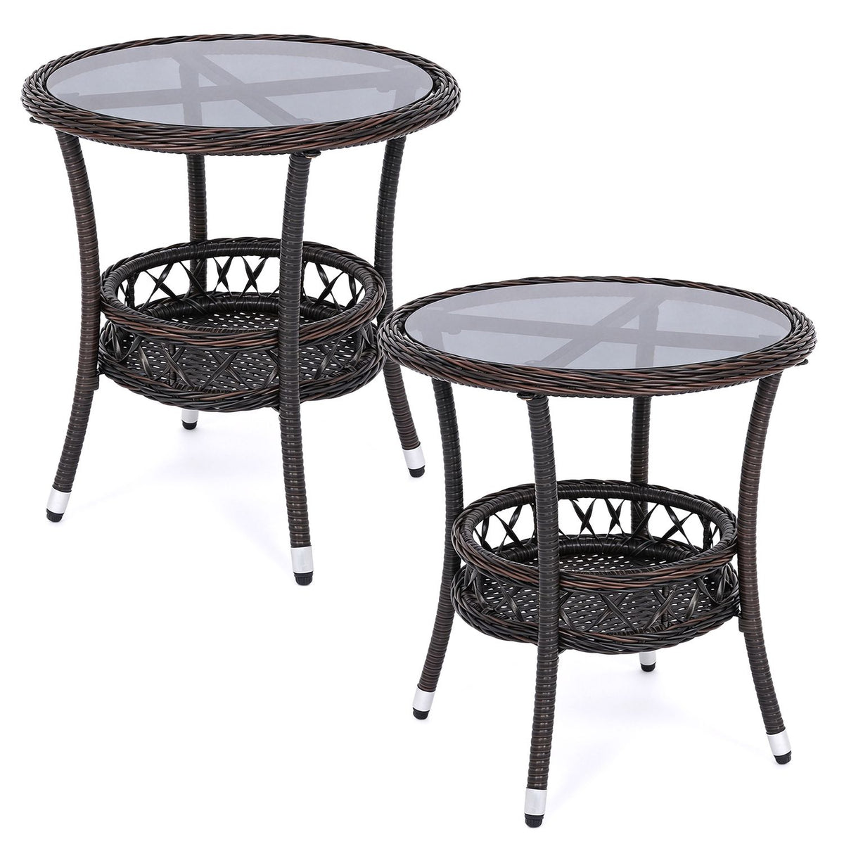 Two dark woven bistro tables with glass tops and lower shelves on white