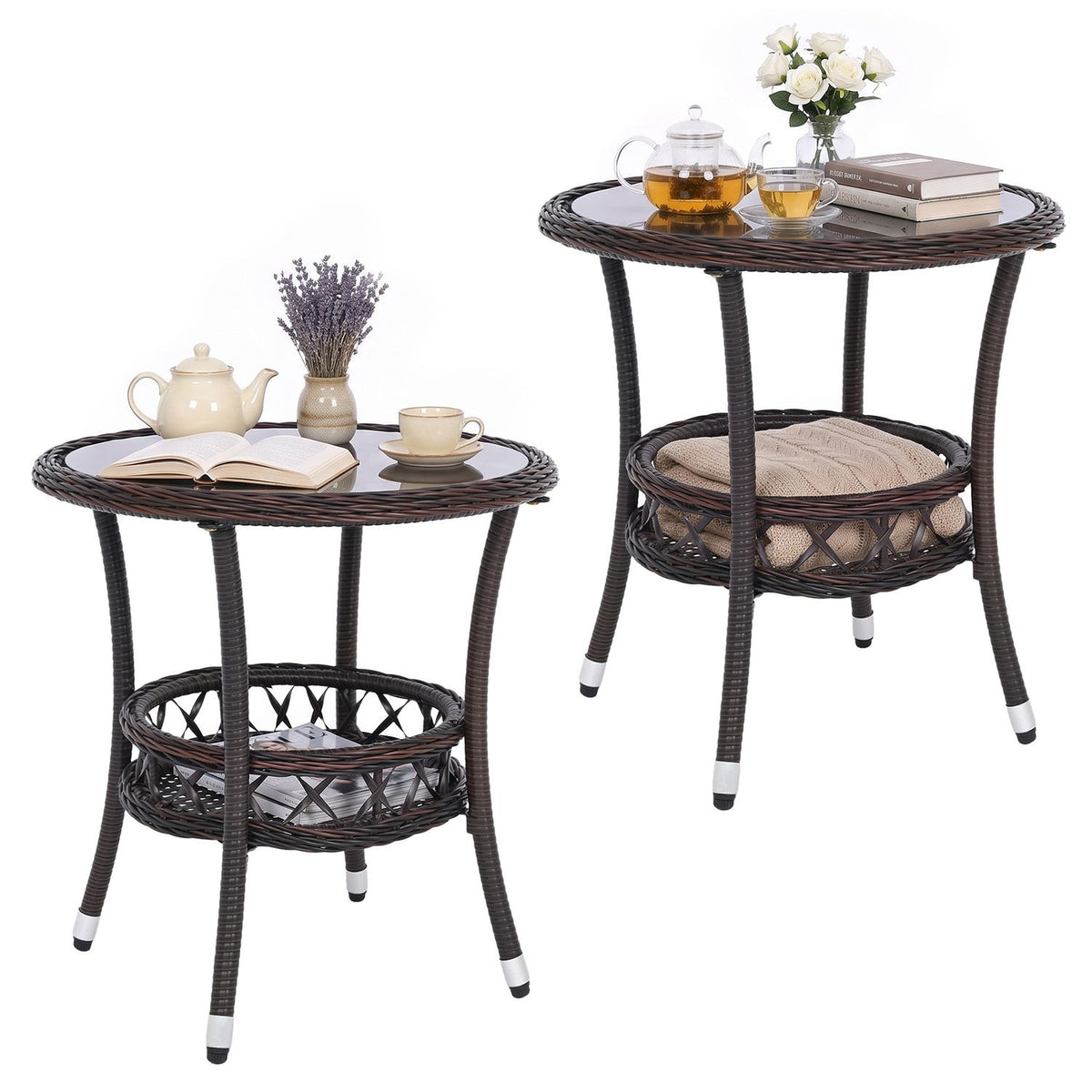 Two dark woven glass-top bistro tables styled with tea and flowers