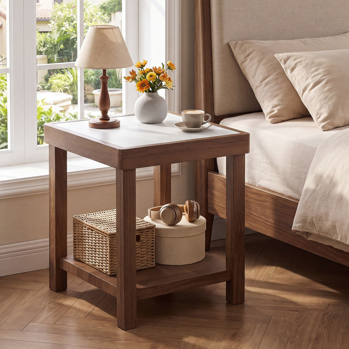 Brown square side table with a pale top beside a sofa and bright window, with a lamp and flowers above a woven basket.