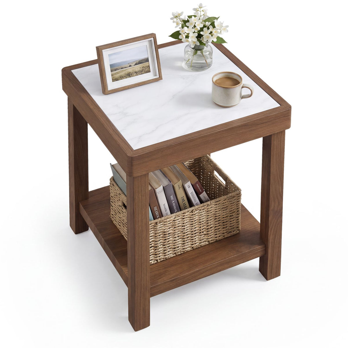 Square brown side table with a white veined top and lower shelf, shown against a white background.