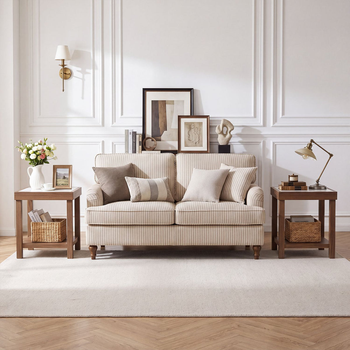 Matching brown side tables flank a cream sofa, each styled with decor on top and a basket on its lower shelf.