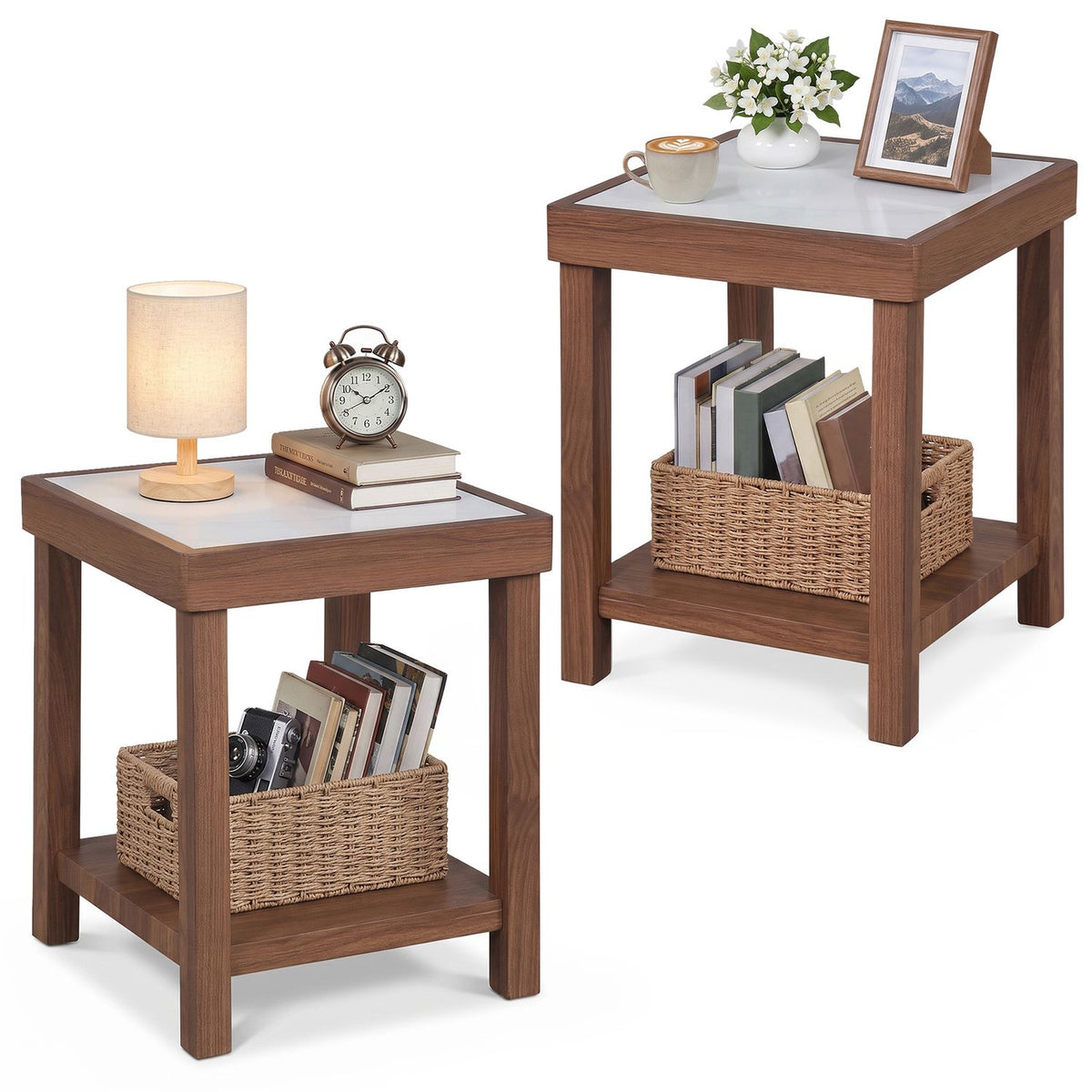 Two square brown side tables with pale tops and open lower shelves are shown against a white background.