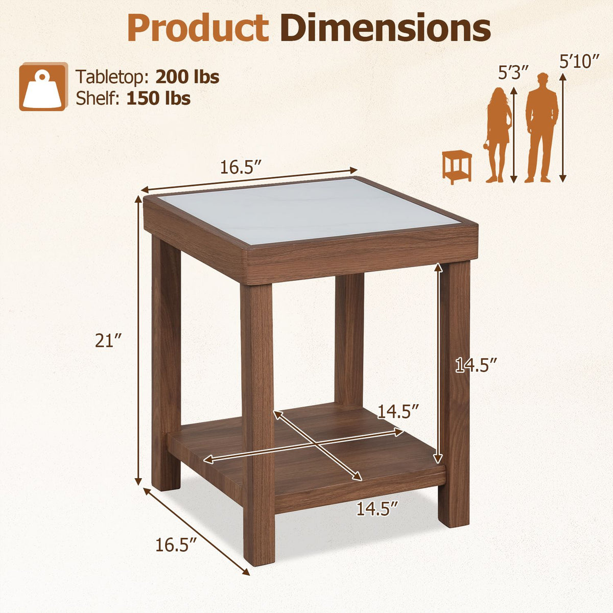 A single brown side table is shown with arrows marking its overall dimensions and shelf spacing.
