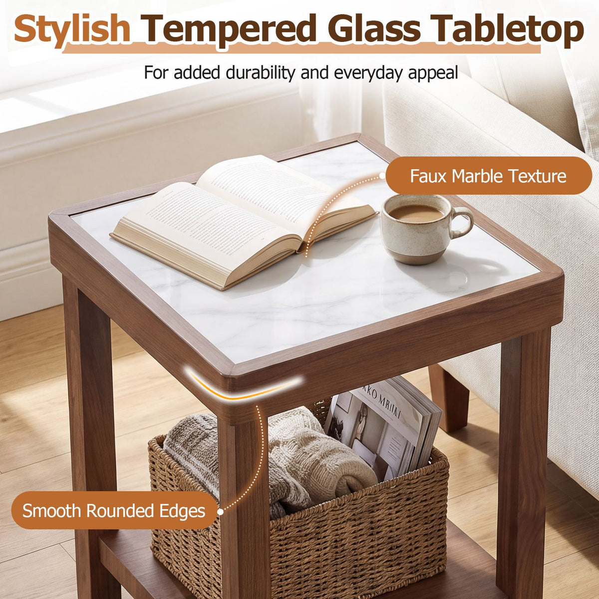 Close view of a square side table with a white marble-look glass top and rounded wooden edges.