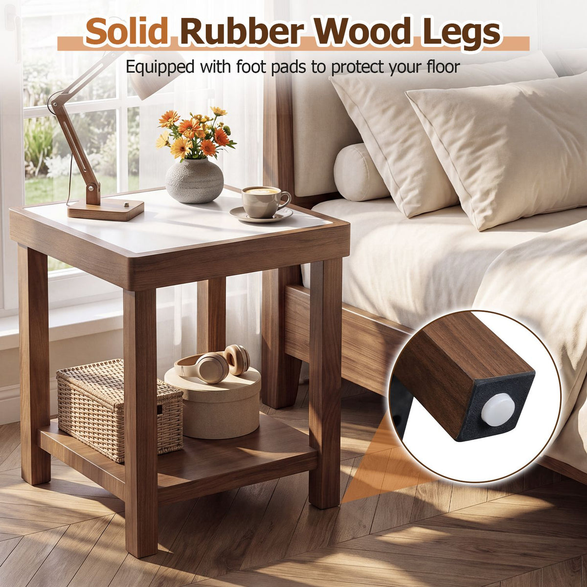 Brown two-tier side table beside a bed, with a close-up inset of a round pad beneath one leg.
