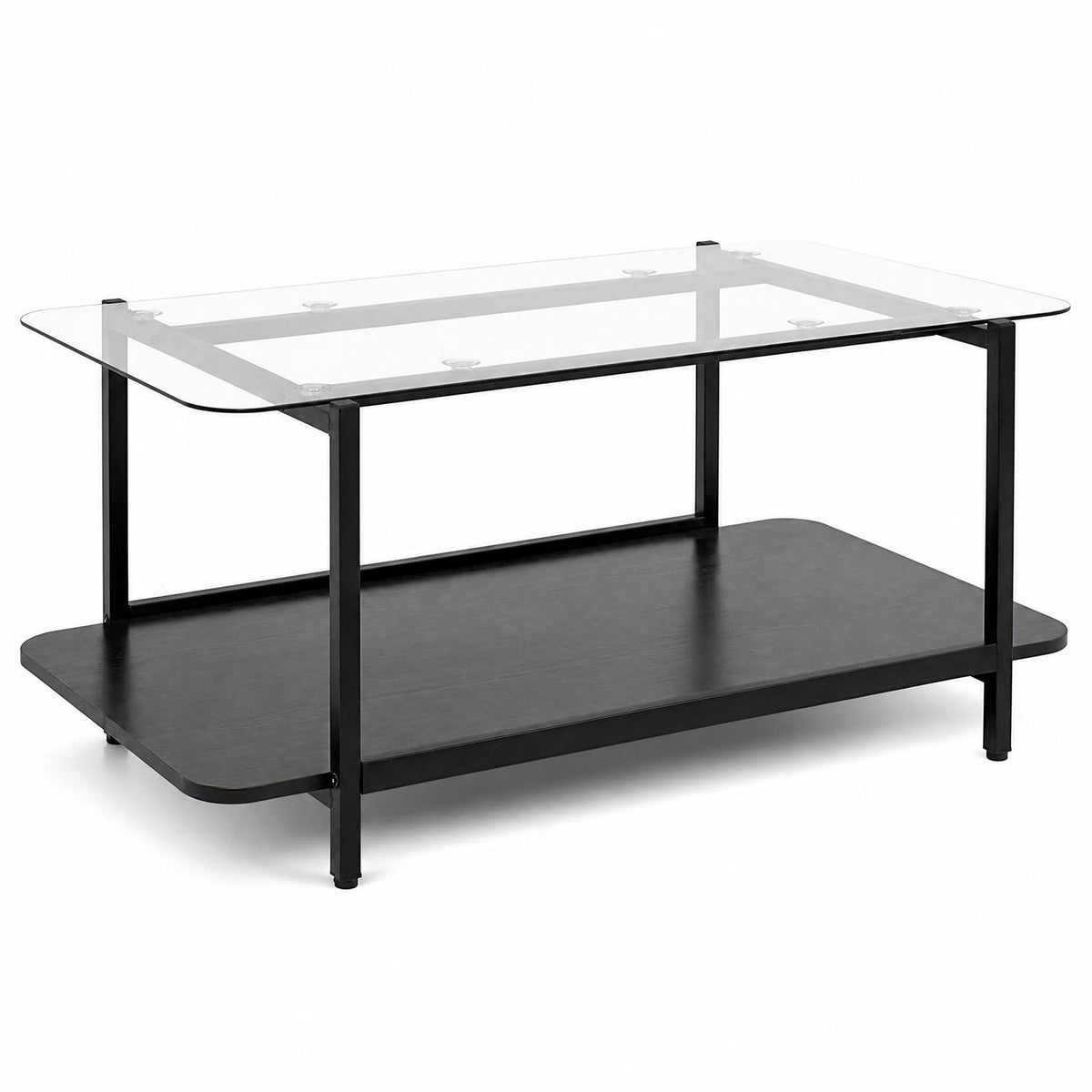 Black-framed coffee table with clear glass top and open dark lower shelf on white