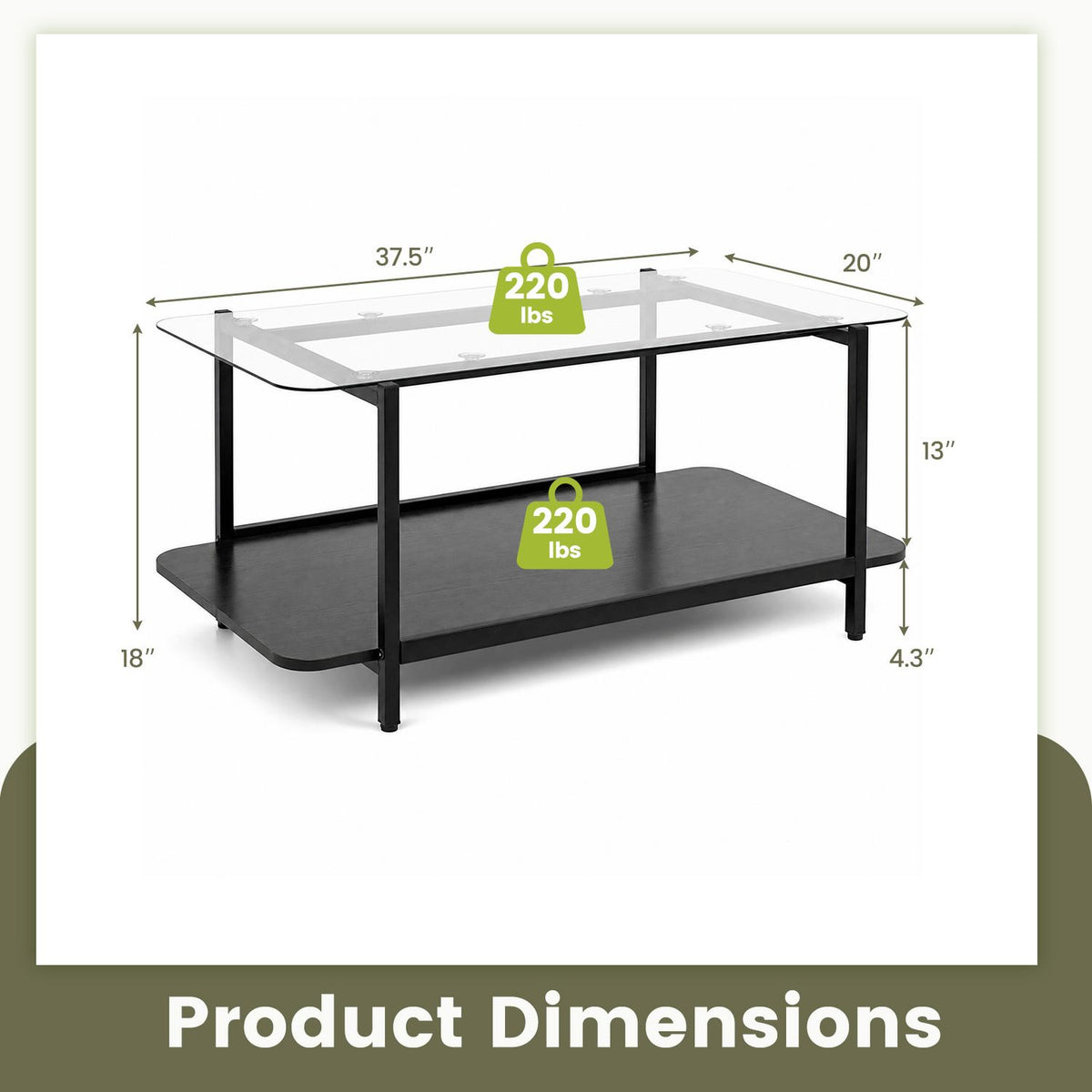 Coffee table dimensions and shelf capacities shown in a product diagram