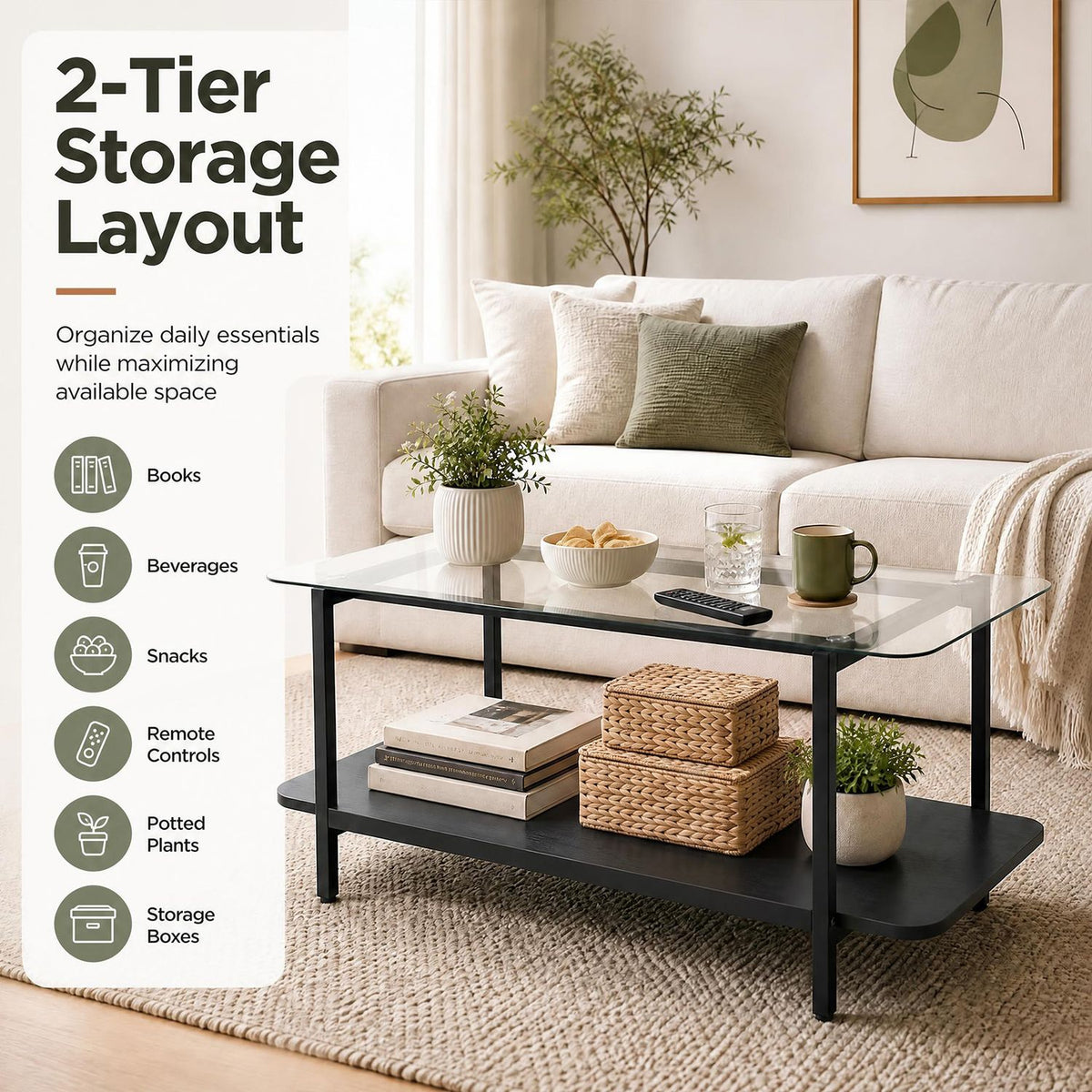 Two-tier black glass coffee table styled in a living room beside a storage layout graphic