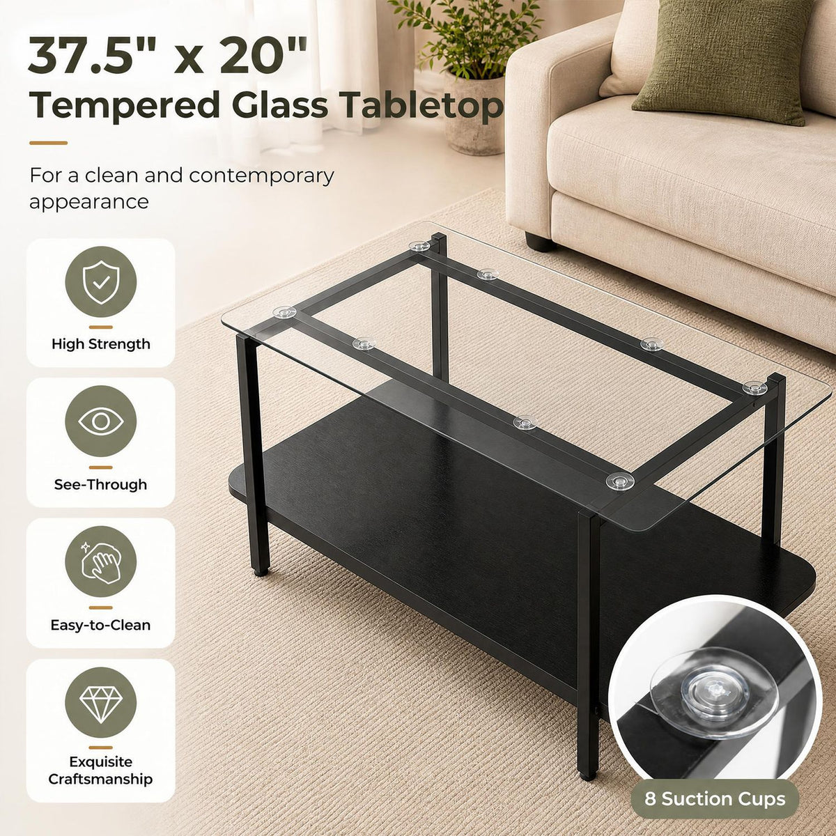 Top-angle view of a black coffee table with a clear glass surface and a lower shelf.