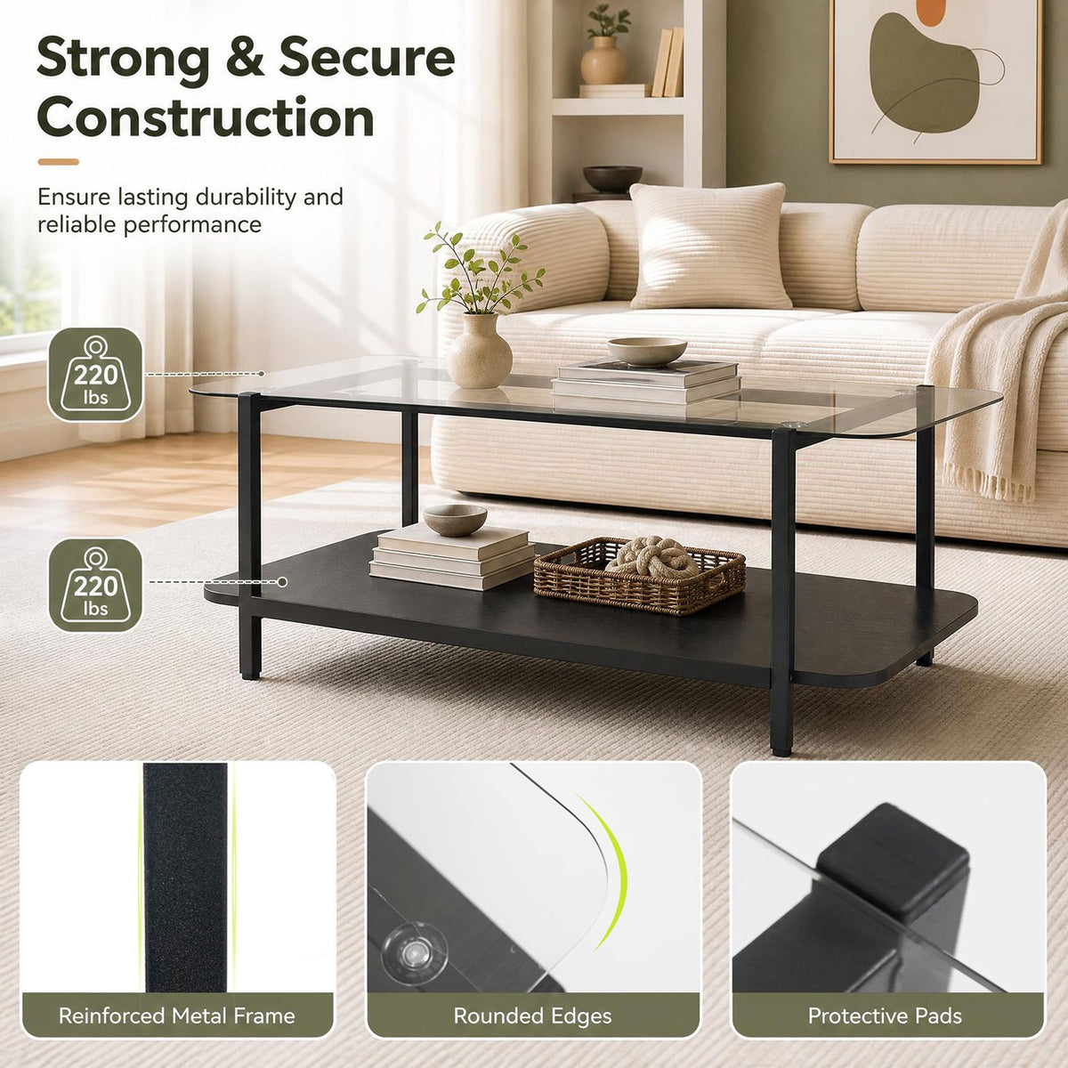 Black two-tier coffee table in a living room, with close-ups of its frame, rounded glass edge, and leg pad.