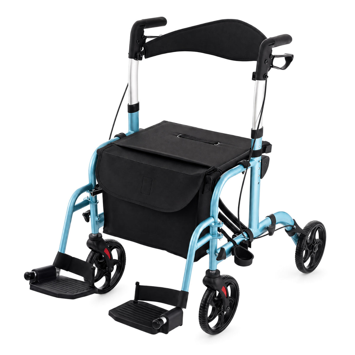 A turquoise rollator shown against a white background, with a black seat, backrest, storage bag and footrests.