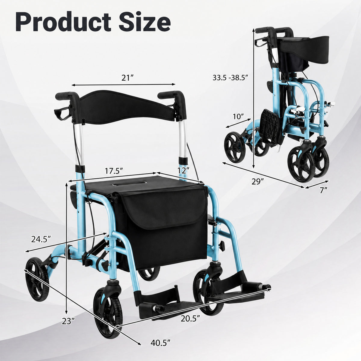 The rollator is shown from the front and folded, with measurement arrows around both views.