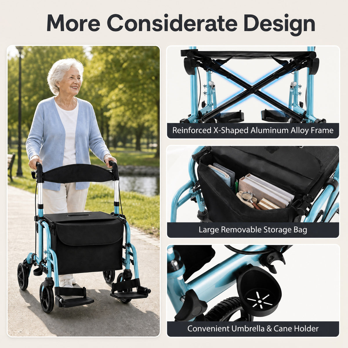 An older woman uses a turquoise rollator with a storage bag; inset views show its folding frame, bag, and holders.