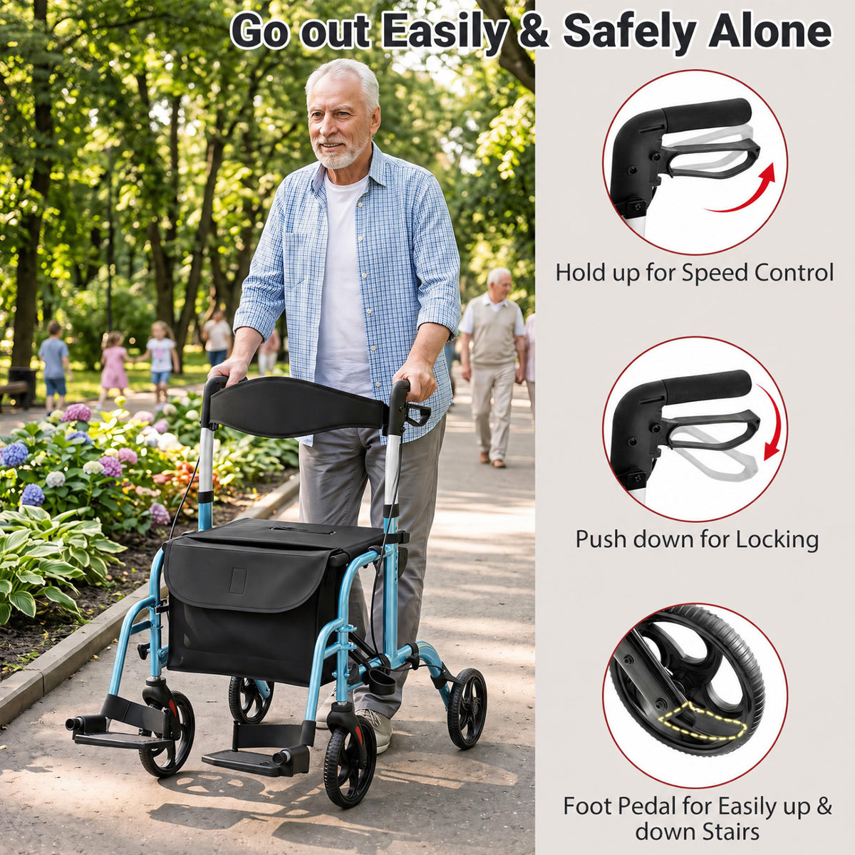 An older man walks with a turquoise rollator; inset illustrations show the hand controls and a foot pedal beside a wheel.
