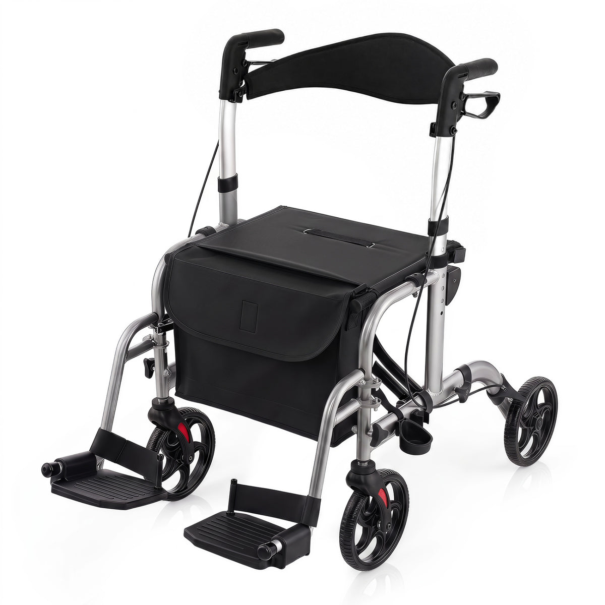 A black rollator walker with a storage bag, padded backrest, and footrests shown against a white background.