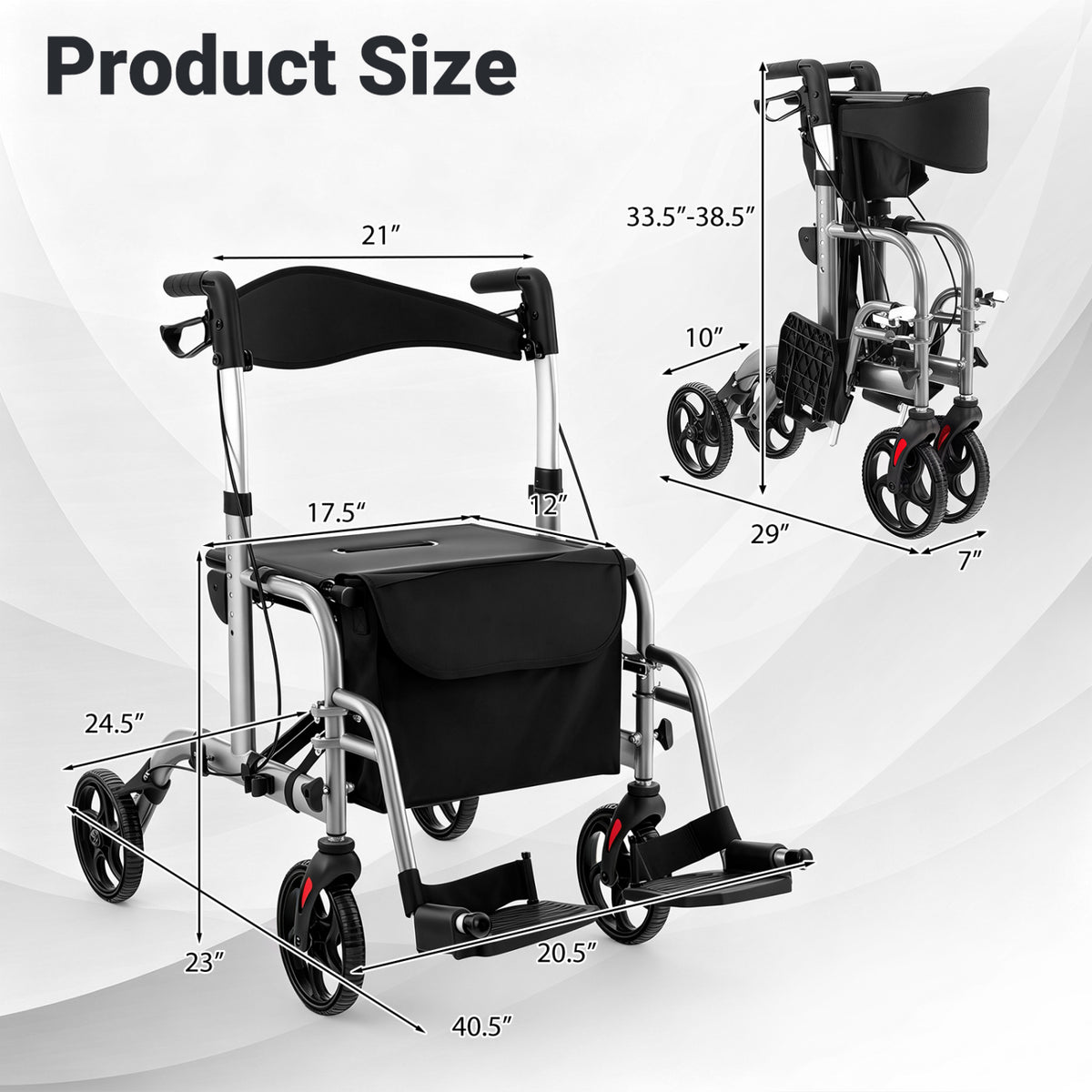 The rollator is shown from the front and folded, with measurement lines around both views.