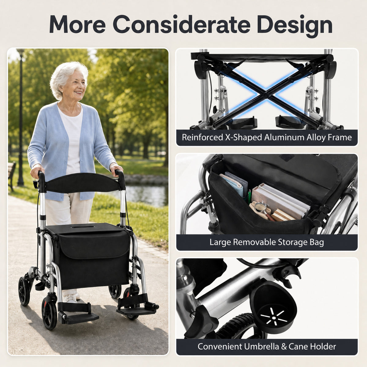 Silver rollator with a seated user, plus close-ups of its folding frame, storage bag and side holder.