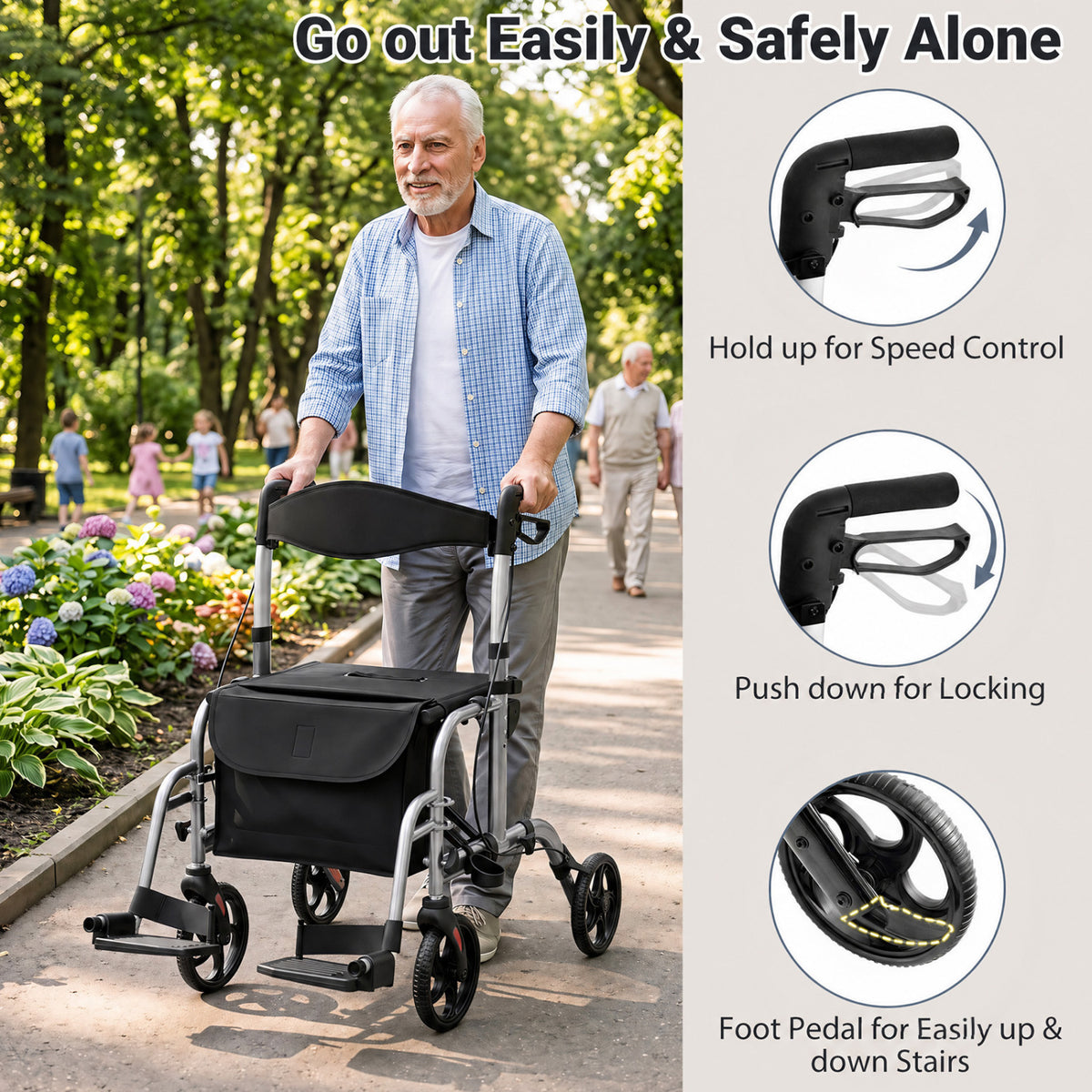 Man pushing a silver rollator along a garden path, beside illustrations of its hand controls and wheel pedal.