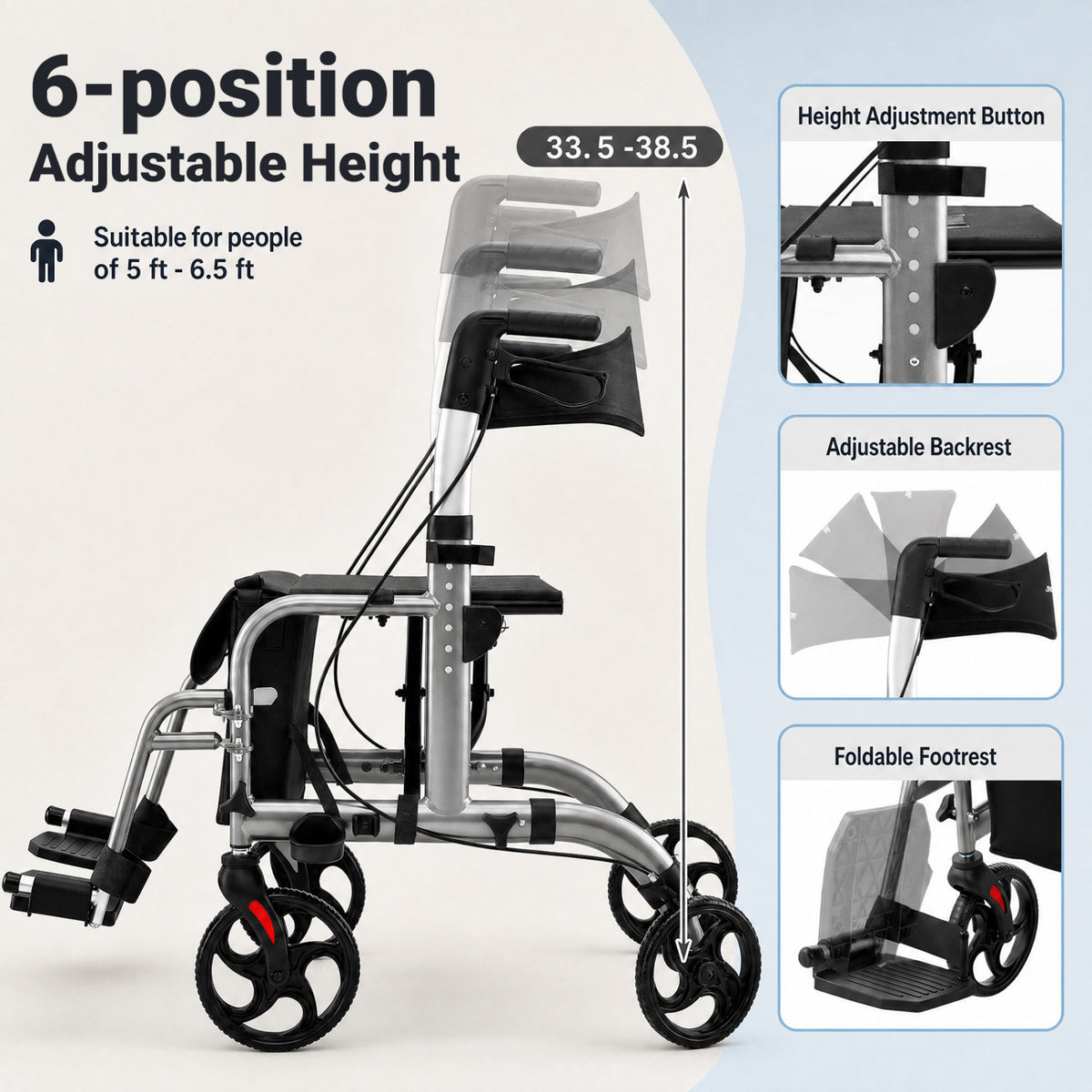 Side view of a silver rollator with raised handles and footrests, alongside close-ups of adjustment features.