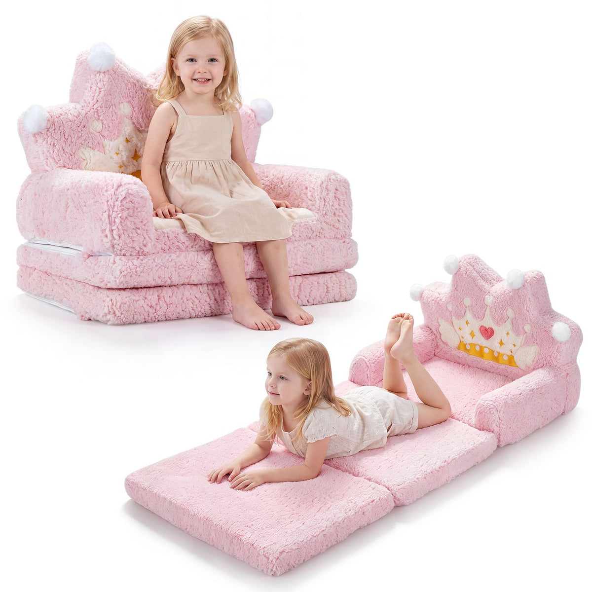 Two views show a child sitting on the pink sofa and lying on its unfolded bed.