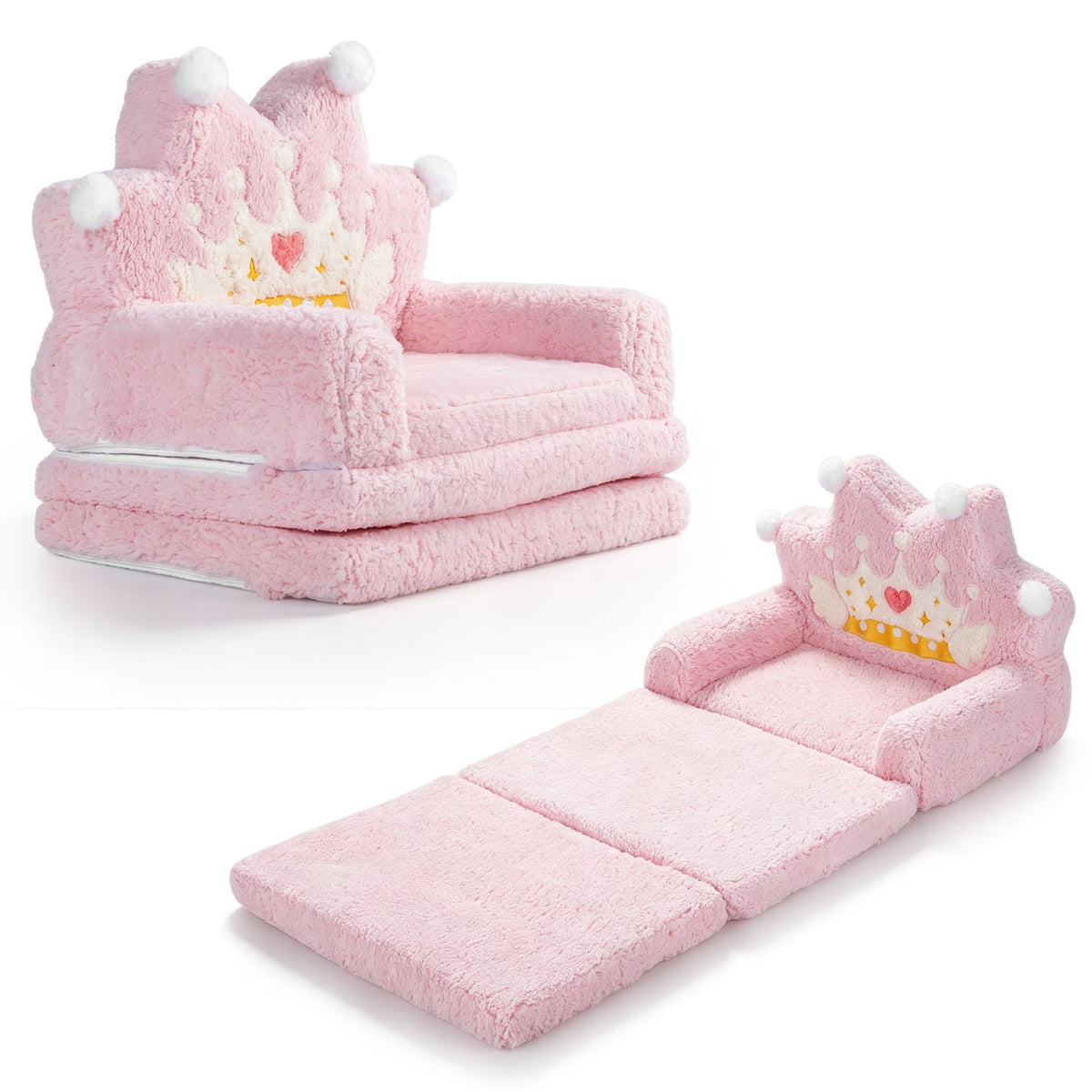 The pink crown-back sofa is shown upright and opened into a segmented floor bed.