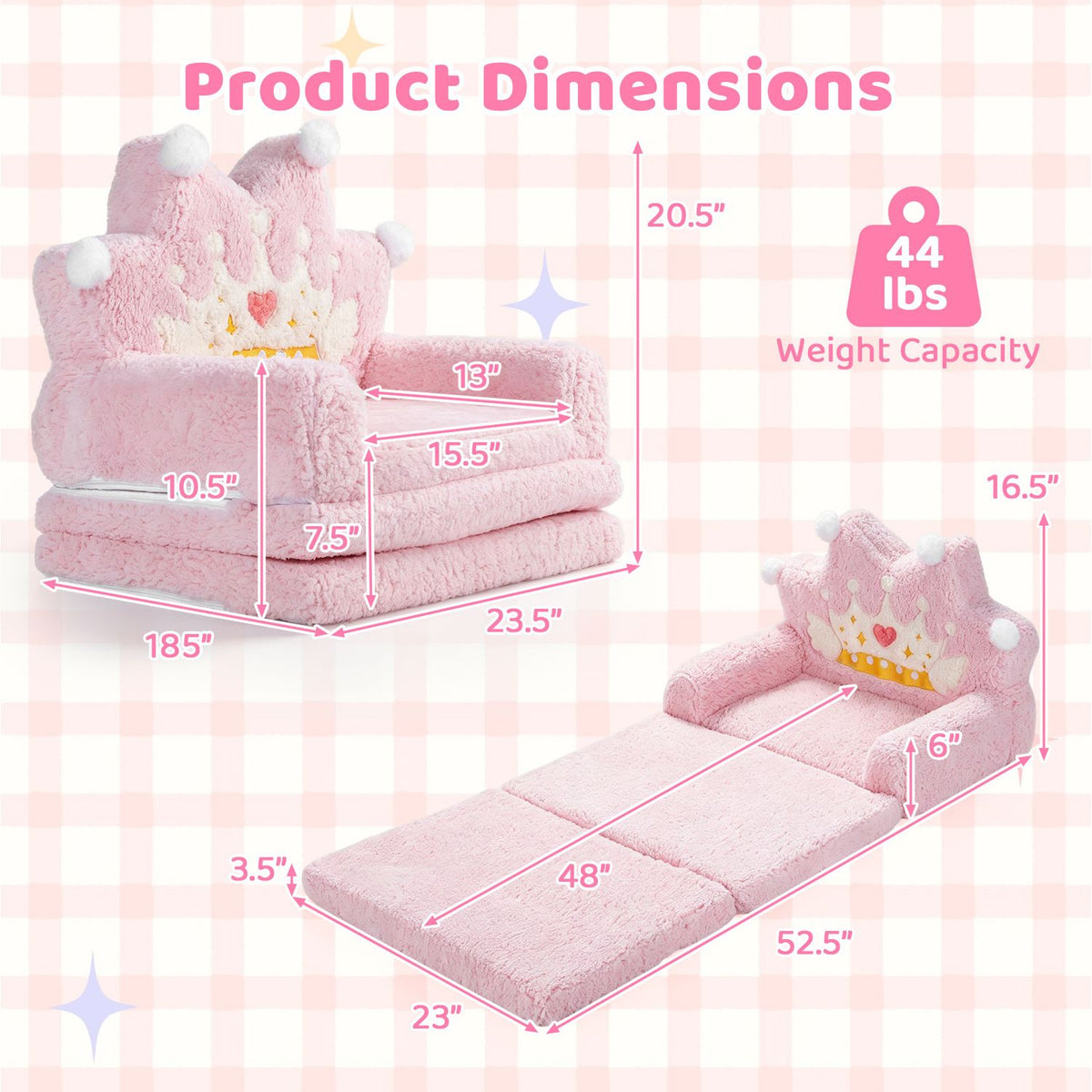 Pink plush kids sofa shown folded and unfolded, with arrows marking its dimensions.