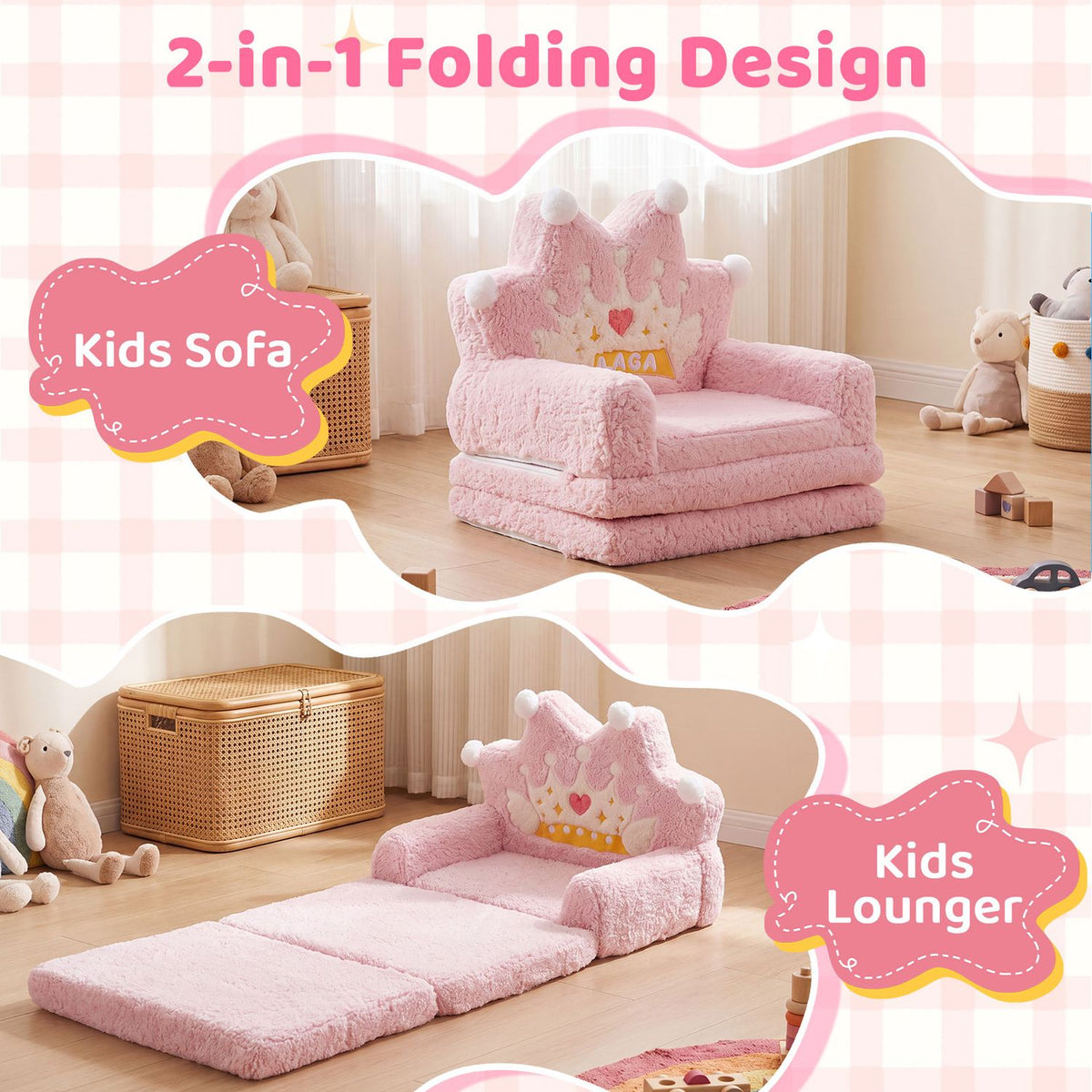 The pink kids sofa is pictured upright as a chair and opened flat as a lounger.