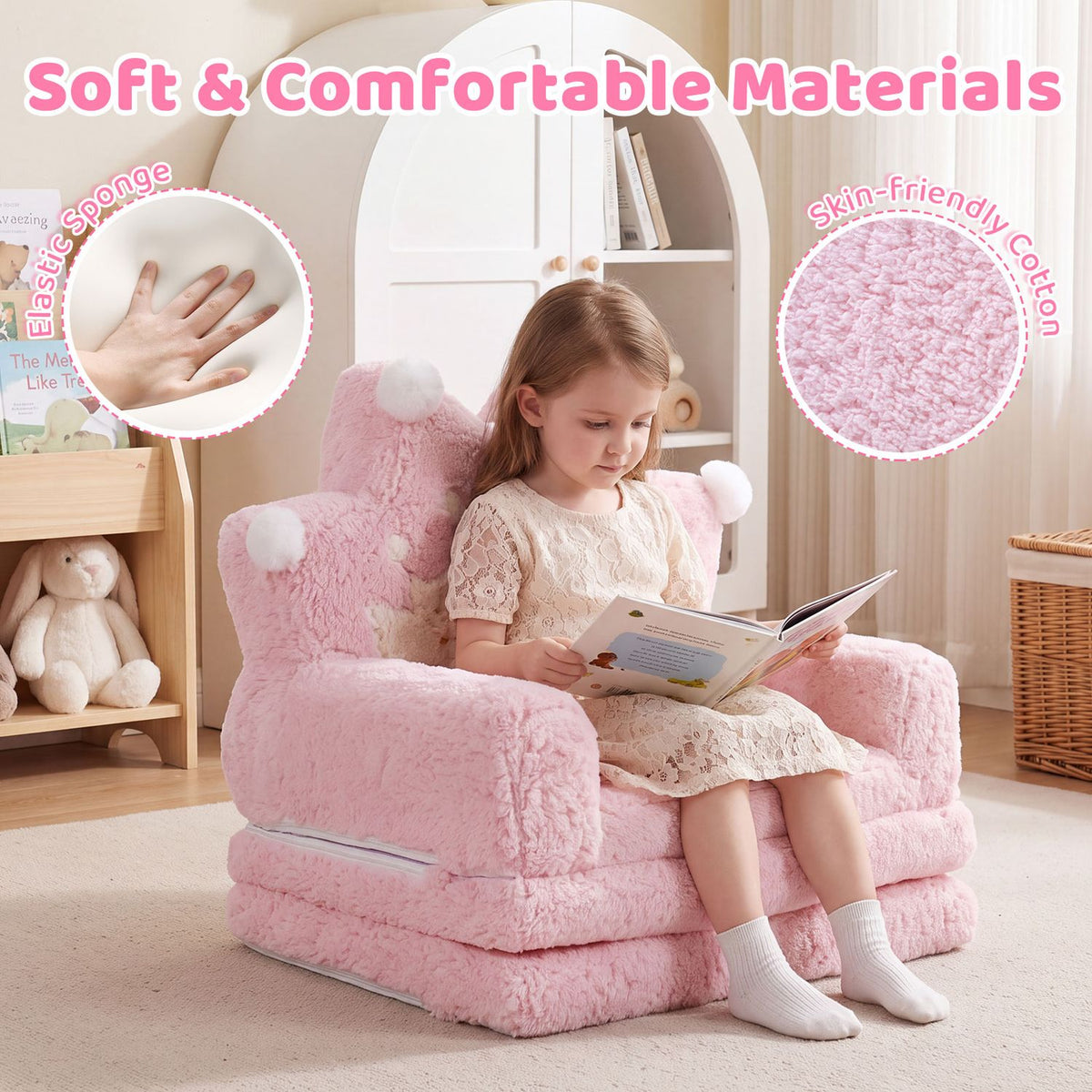 A child reads on a pink plush sofa beside circular close-ups of its fabric texture.