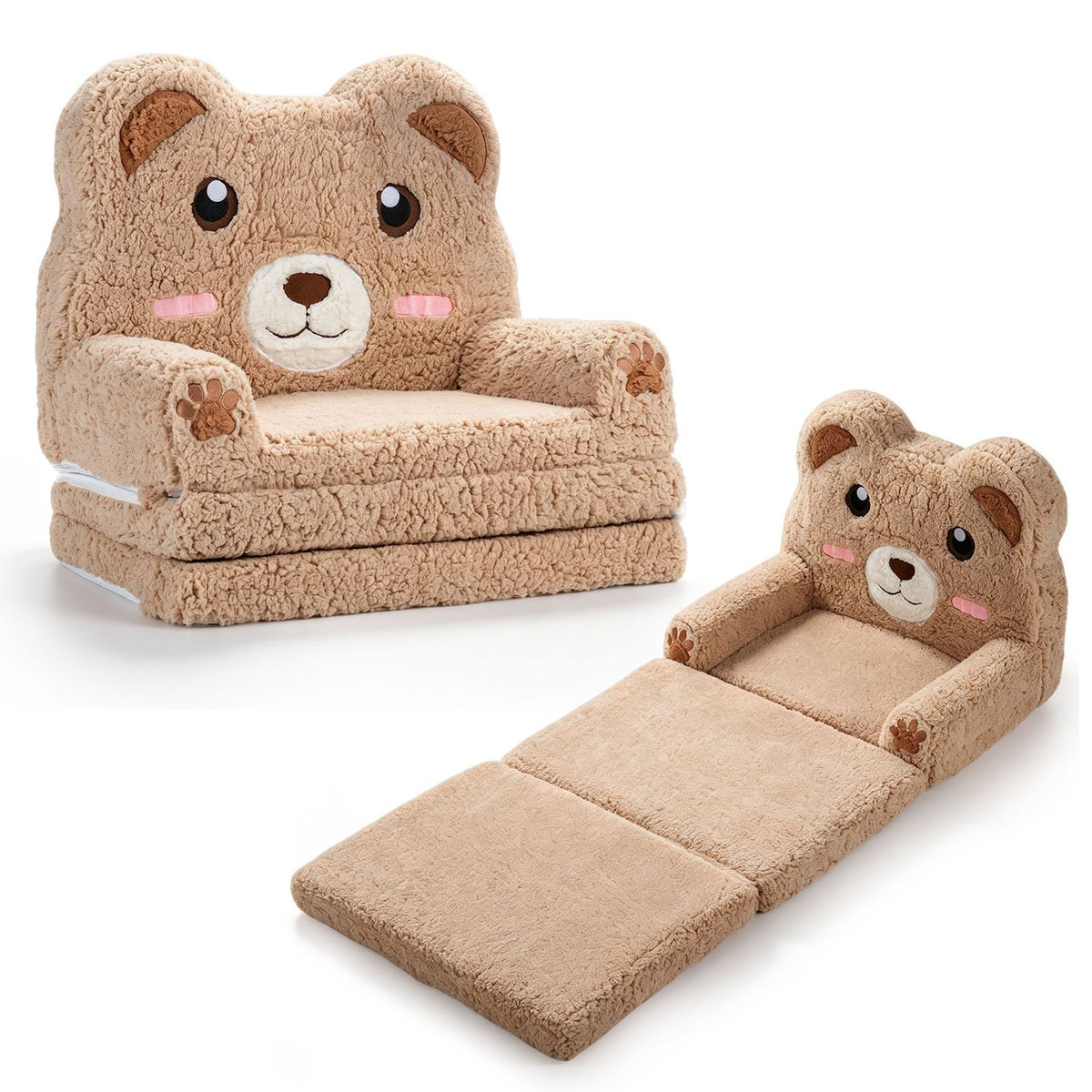 The bear-themed plush seat and its unfolded flat bed are shown side by side on white.