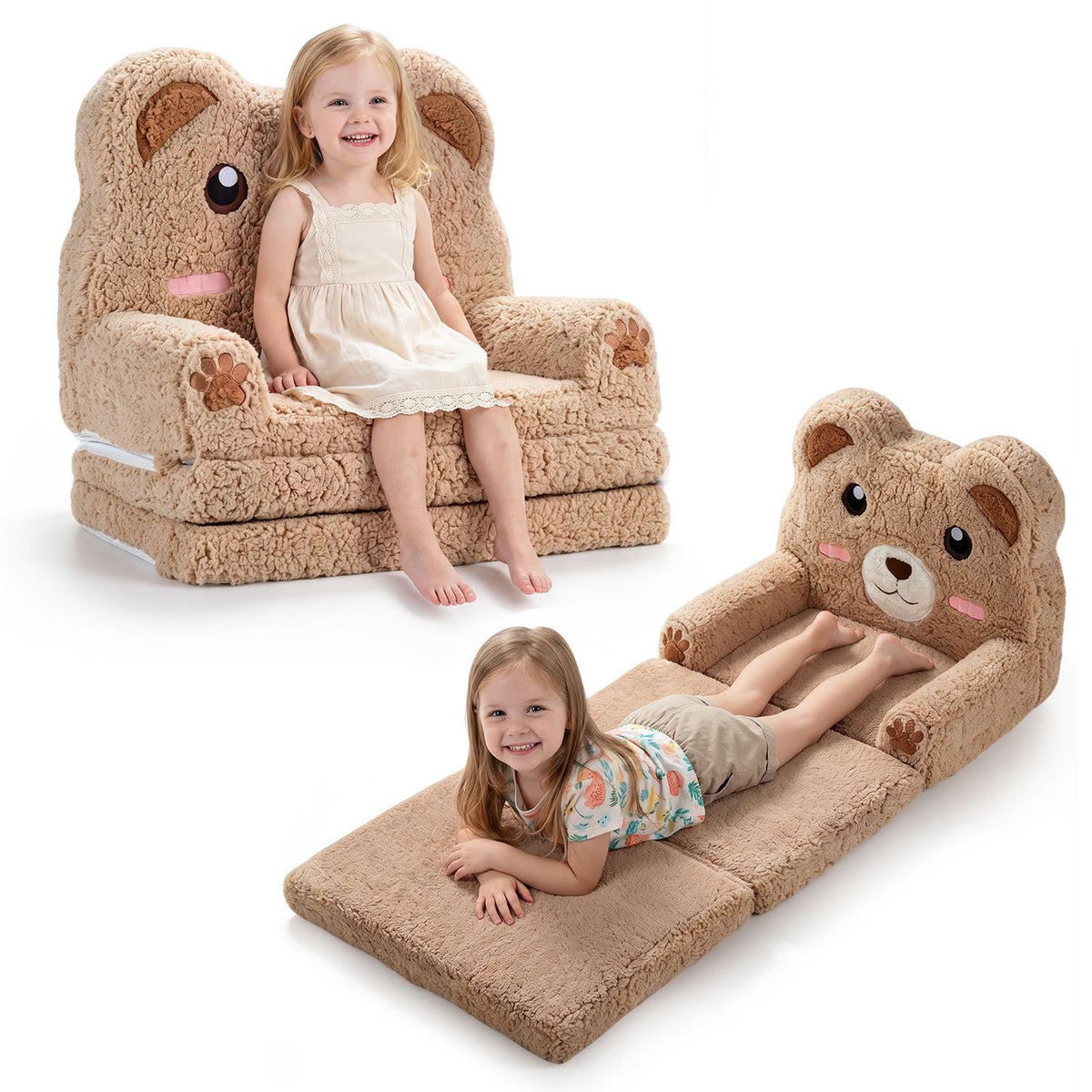 One child sits on the bear sofa while another lies on the matching extended bed.
