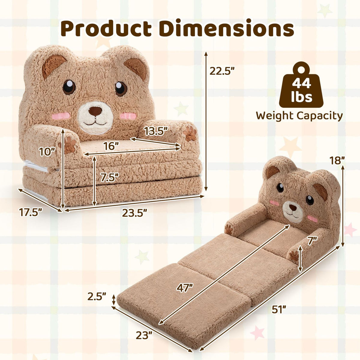Bear-shaped brown sofa and unfolded lounge shown with measurement arrows and a weight-capacity badge.