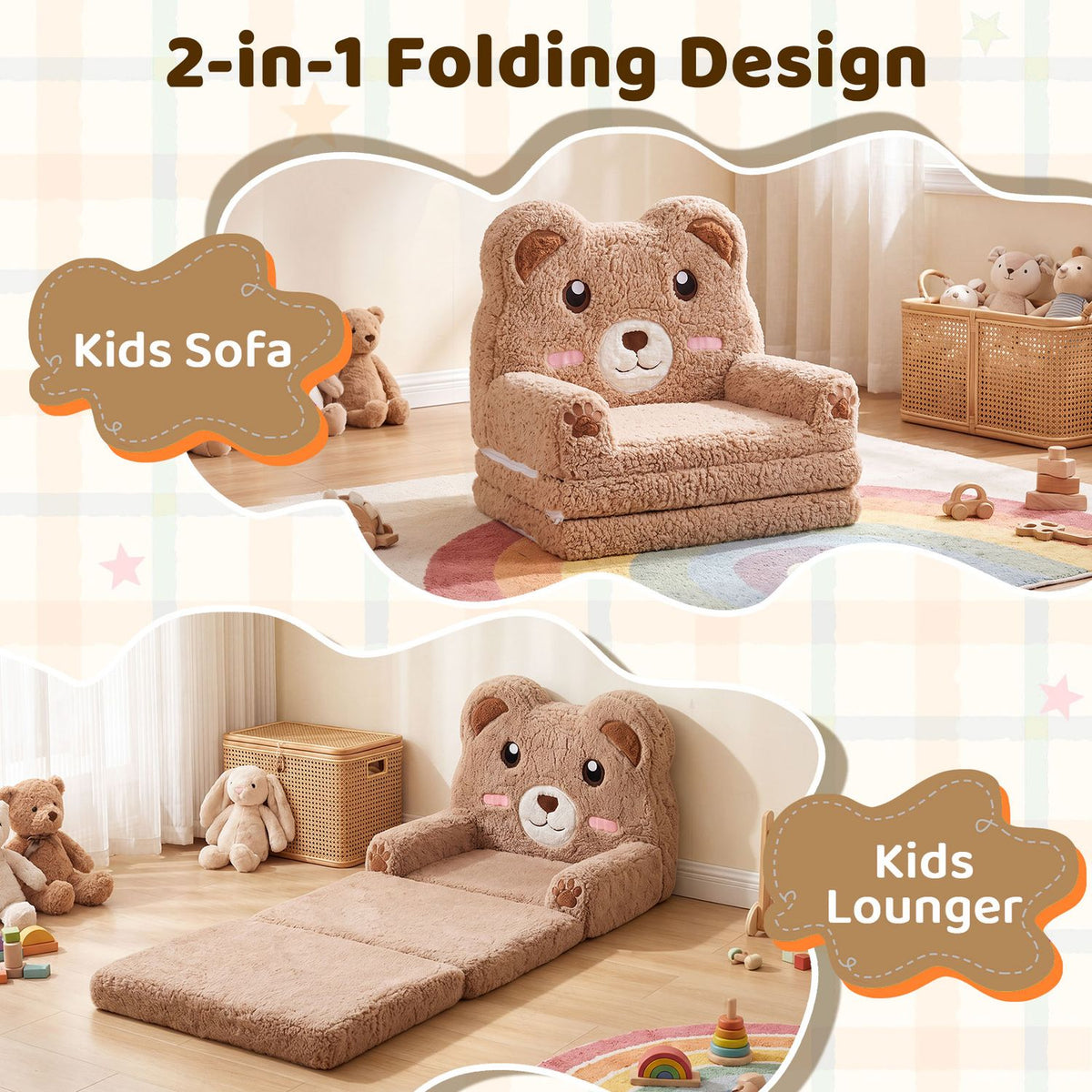 Two nursery scenes show the bear sofa upright and unfolded into a floor lounger.