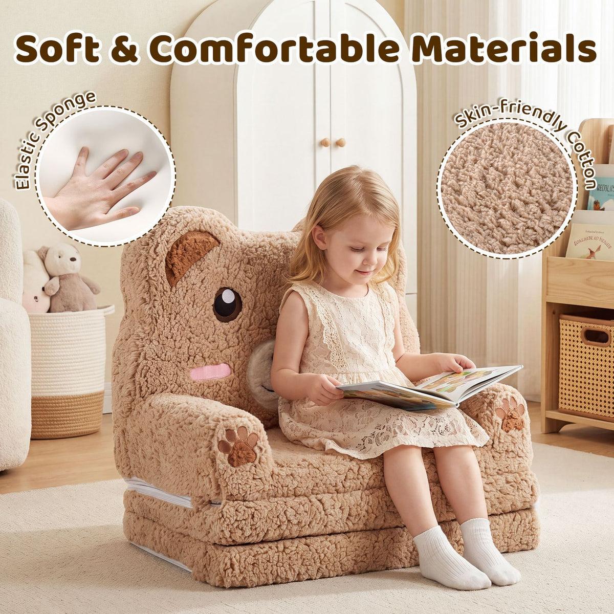A child reads on the plush bear sofa, beside circular close-ups of its soft surface and fabric.