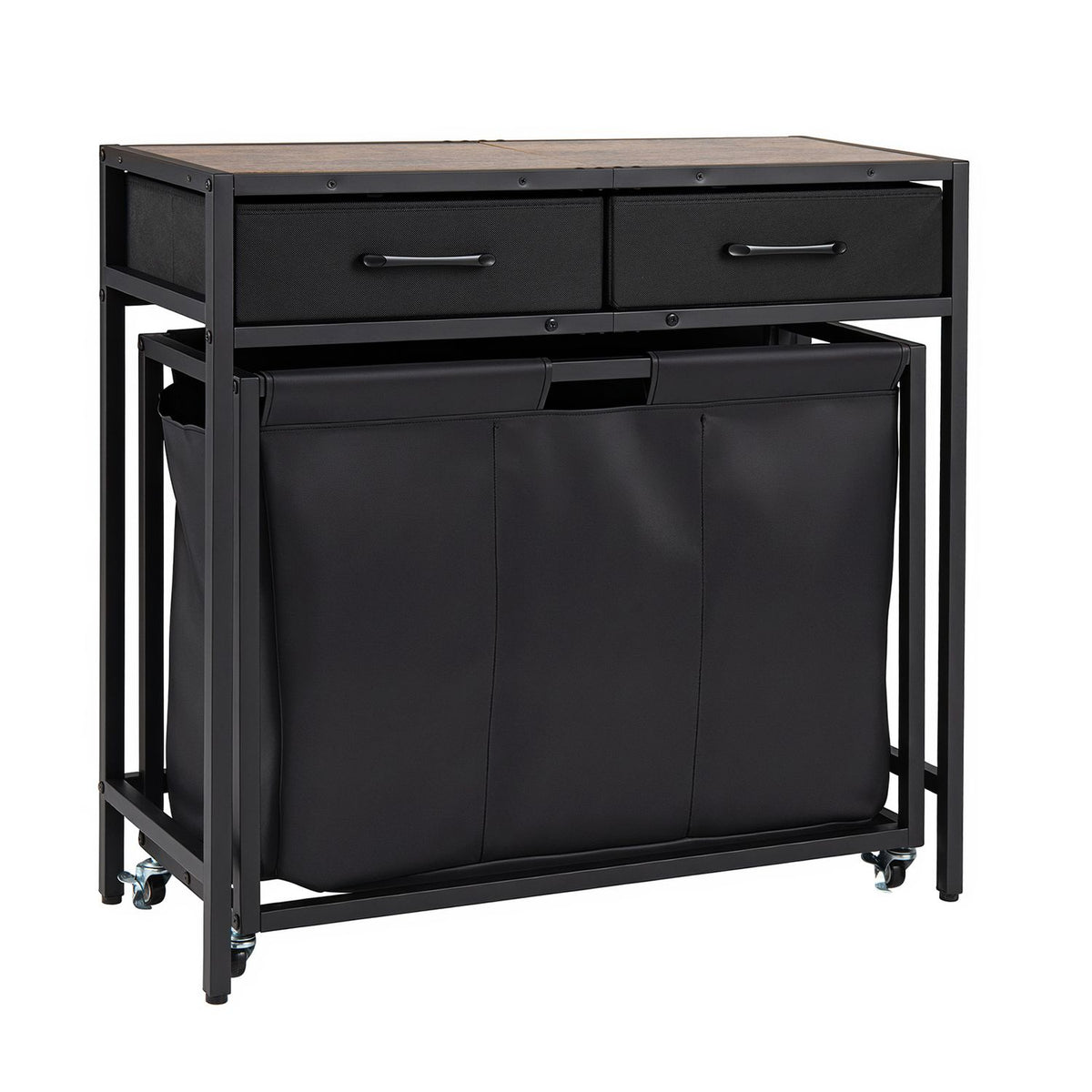 Standalone view of the console with closed fabric compartments, two drawers, and caster wheels.