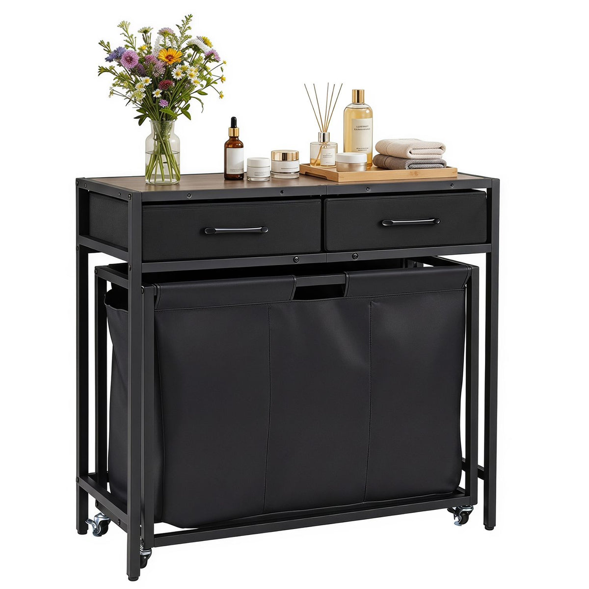 Console with two drawers and a fabric sorter beneath, topped with flowers and bathroom accessories.
