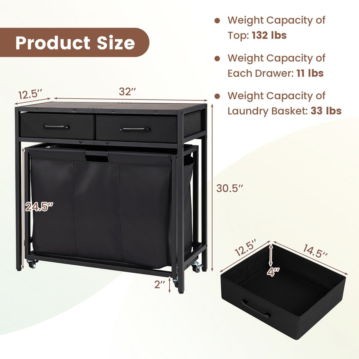 Black laundry sorter console with two drawers, a three-section hamper, wheels, and a separate fabric drawer shown beside it.
