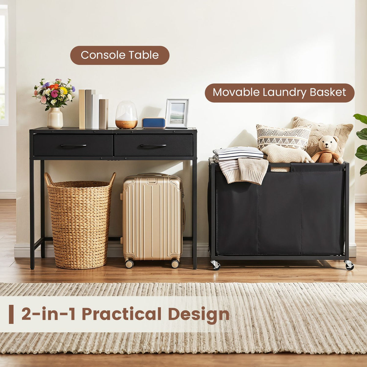 Black console table with two drawers beside a wheeled laundry hamper in a bright living room.