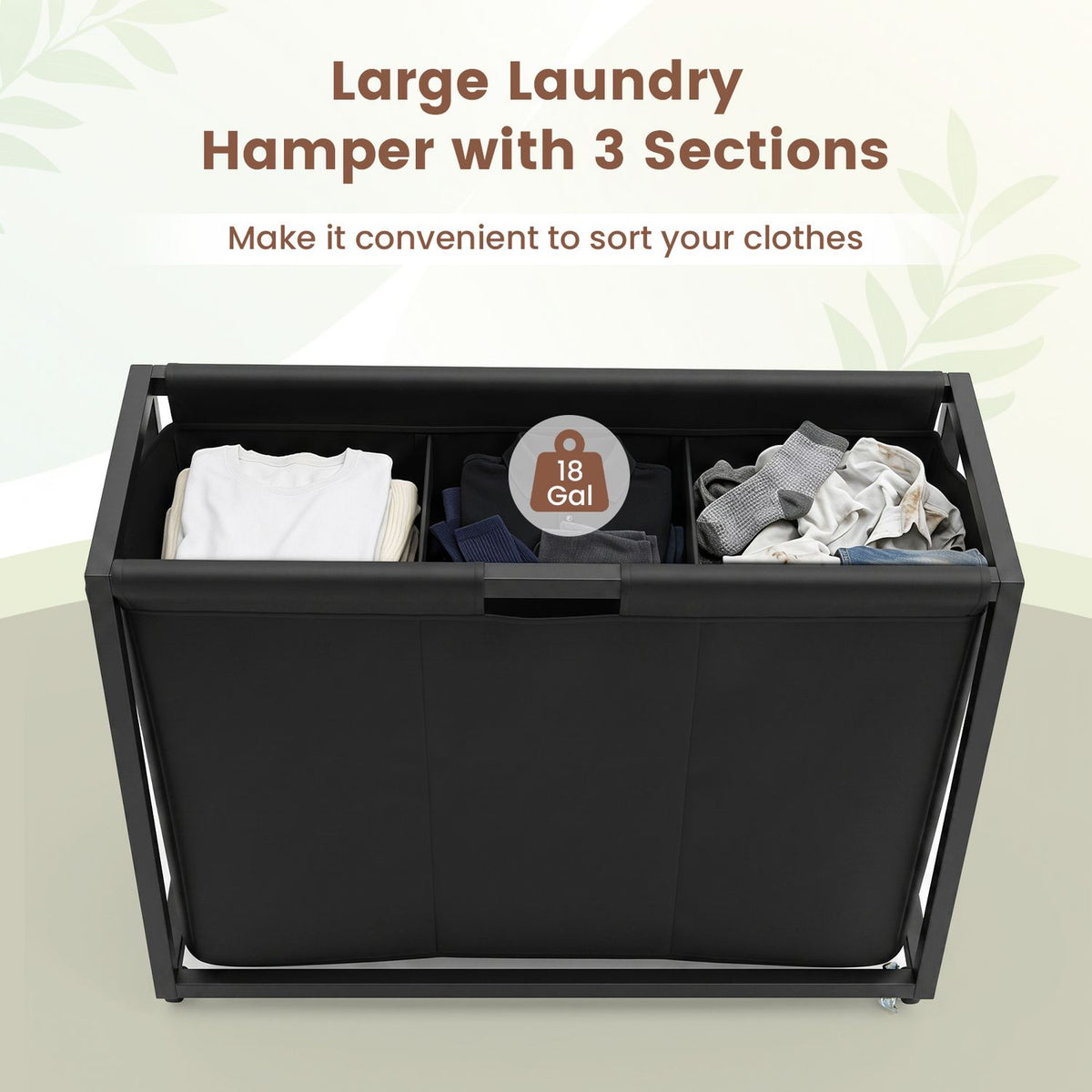Open black laundry hamper divided into three sections, with folded and loose clothes inside.