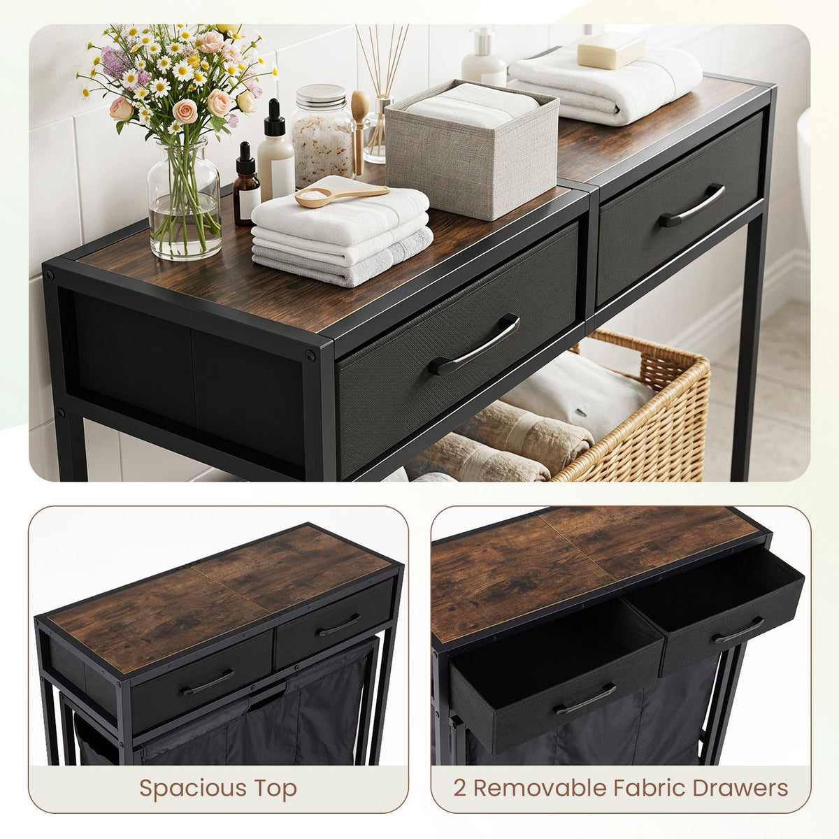 Close views of the wood-look tabletop and two open fabric drawers on the black console.