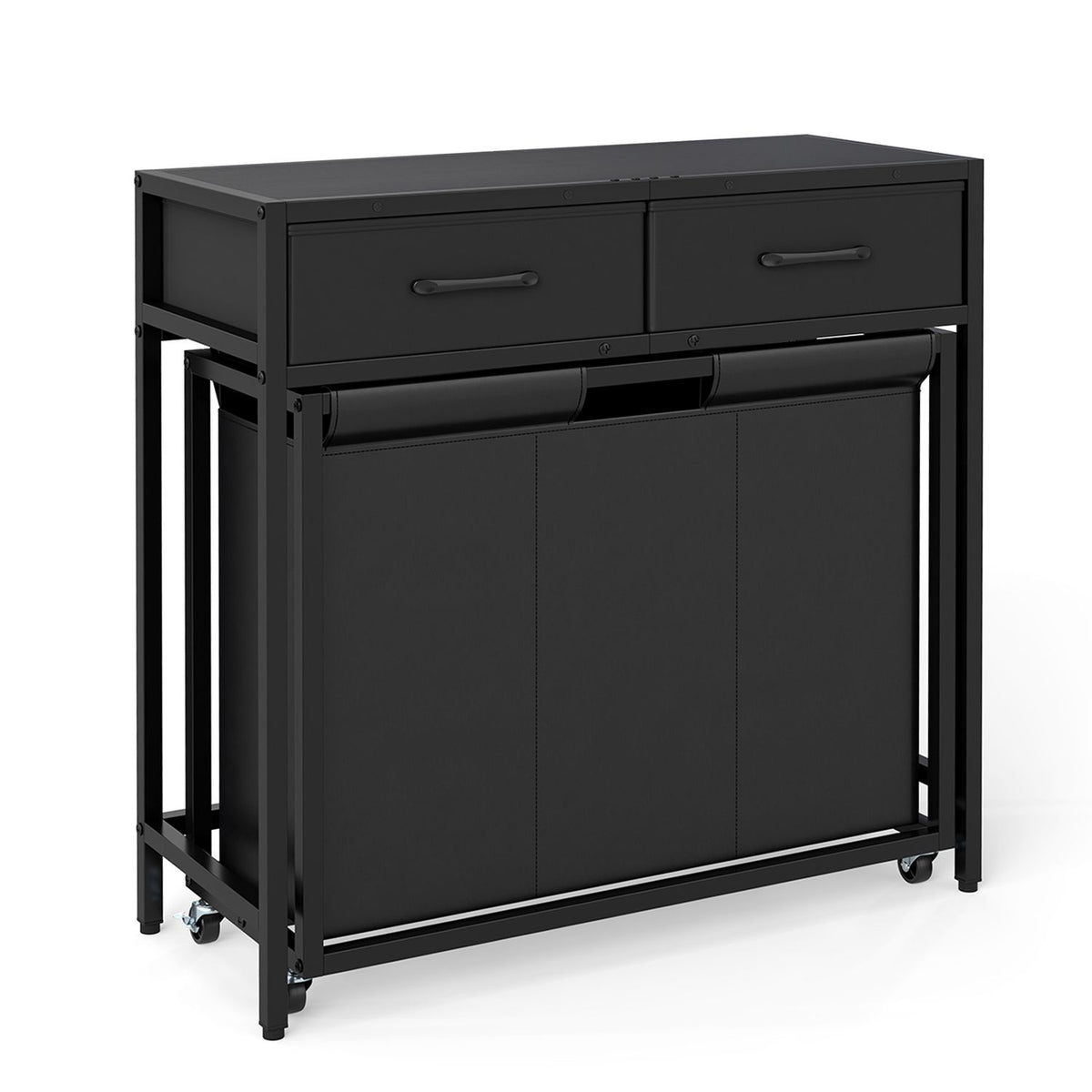 Black laundry sorter and console shown against a white background, with closed fabric compartments, two drawers and wheels.