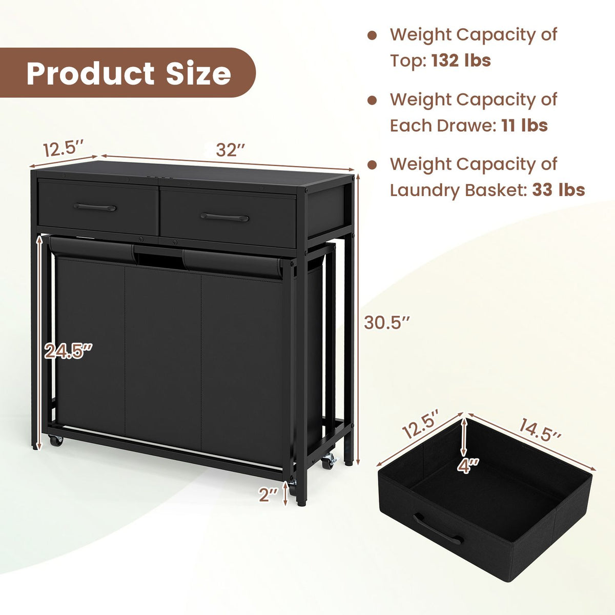 Black laundry sorter cabinet with two upper drawers and a separate fabric drawer shown beside it.