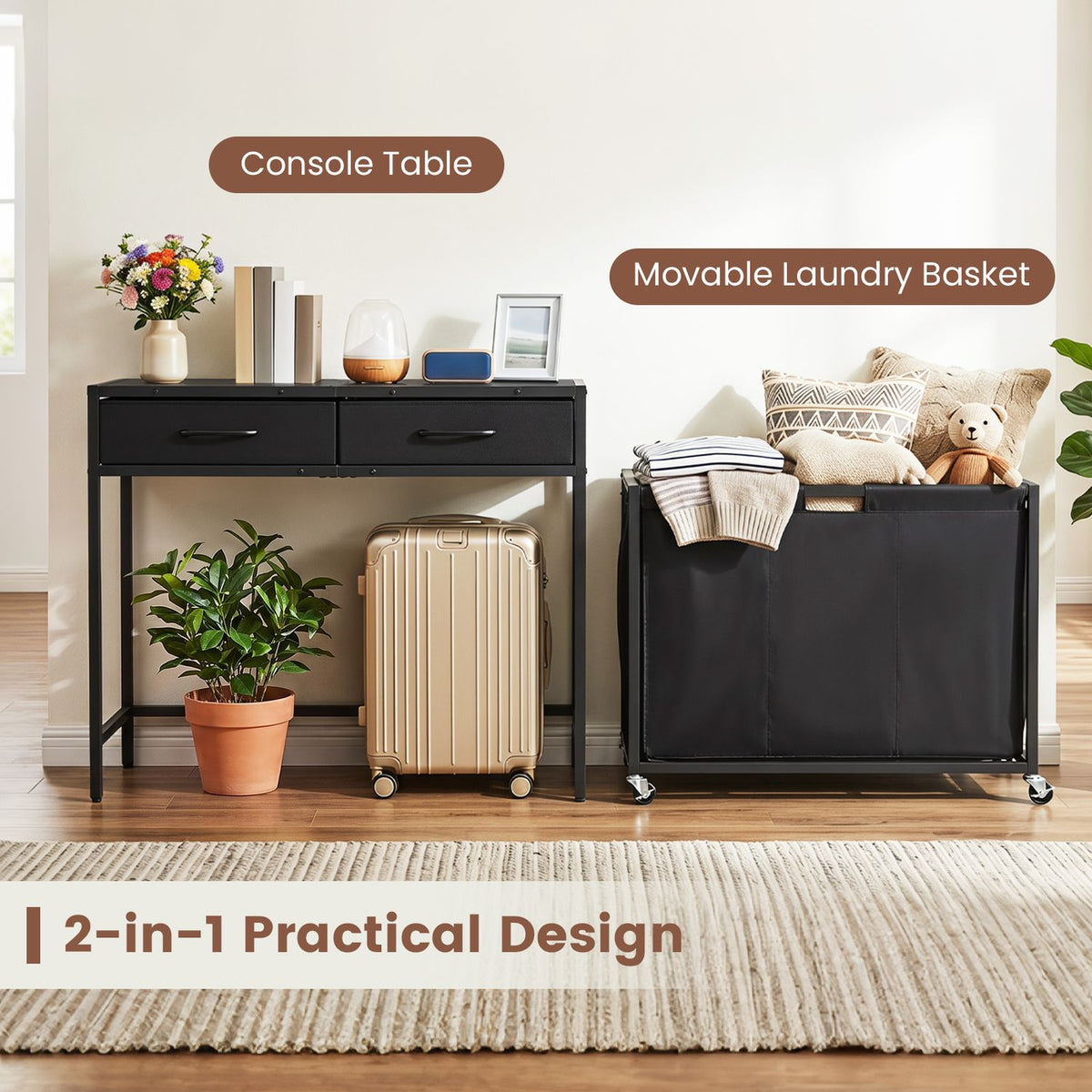 Black console table and wheeled laundry hamper displayed together in a bright living room.