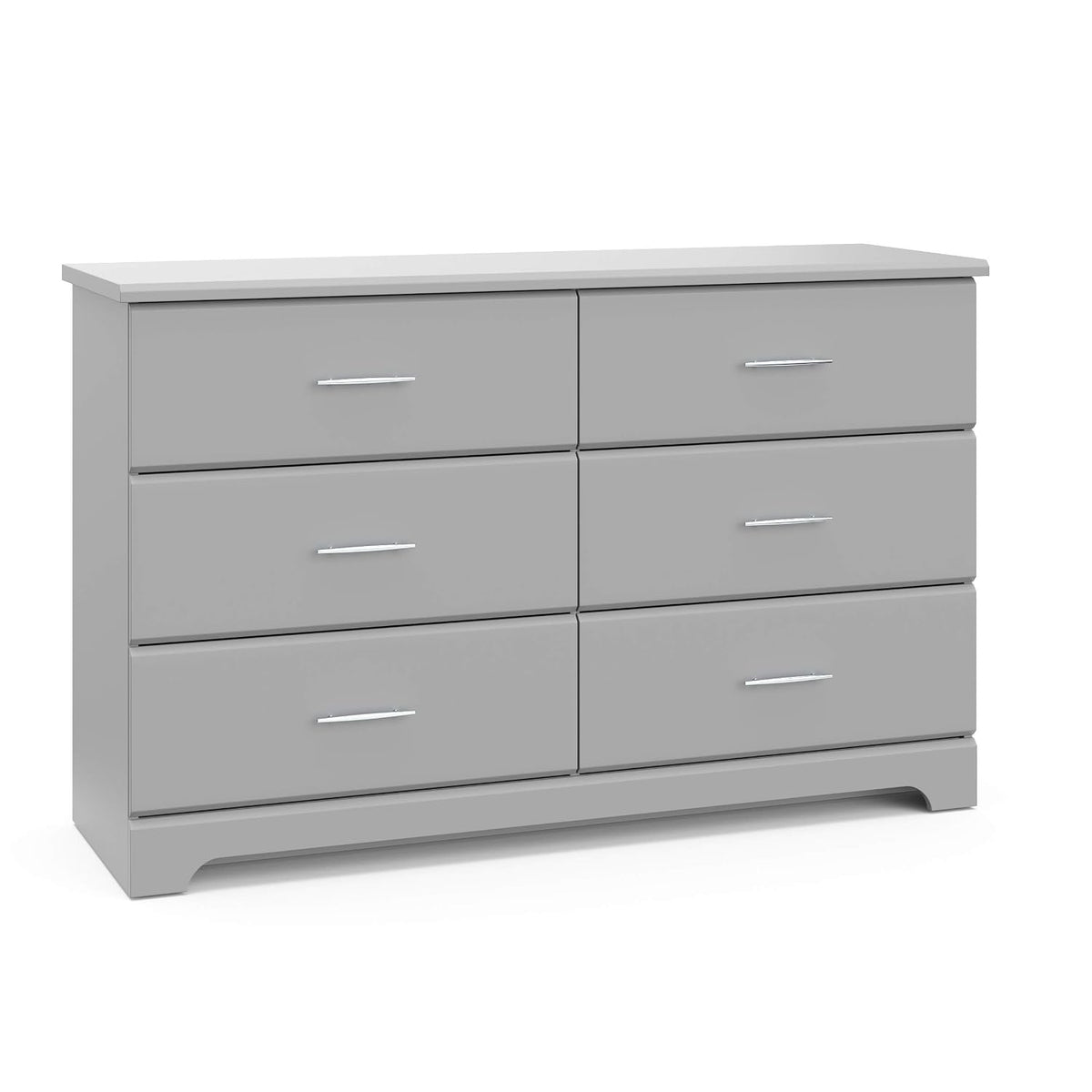 Three-quarter view of a gray six-drawer dresser with chrome handles against a white background