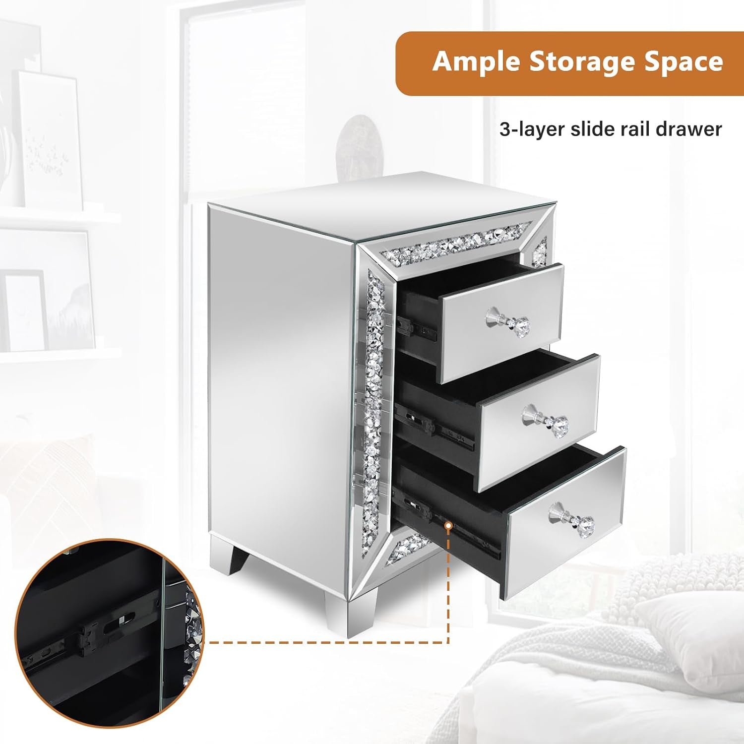 Angled rear view with all three drawers open showing interior storage and visible slide rails