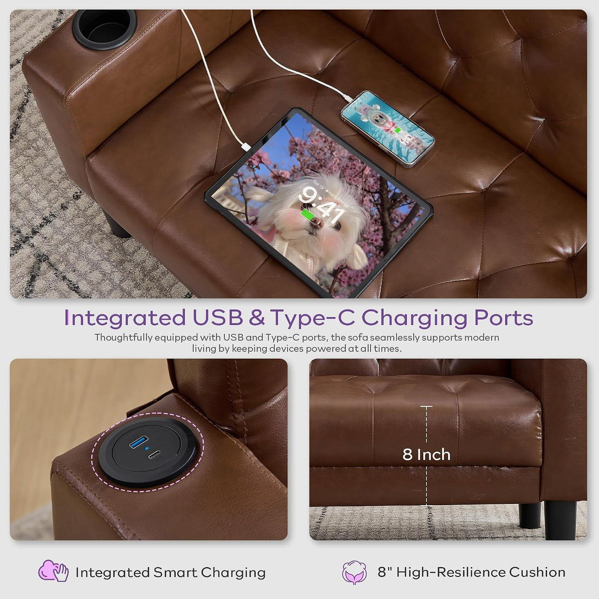 Top-down close-up of brown loveseat seat showing charging cables, cup holder and tufted cushion.