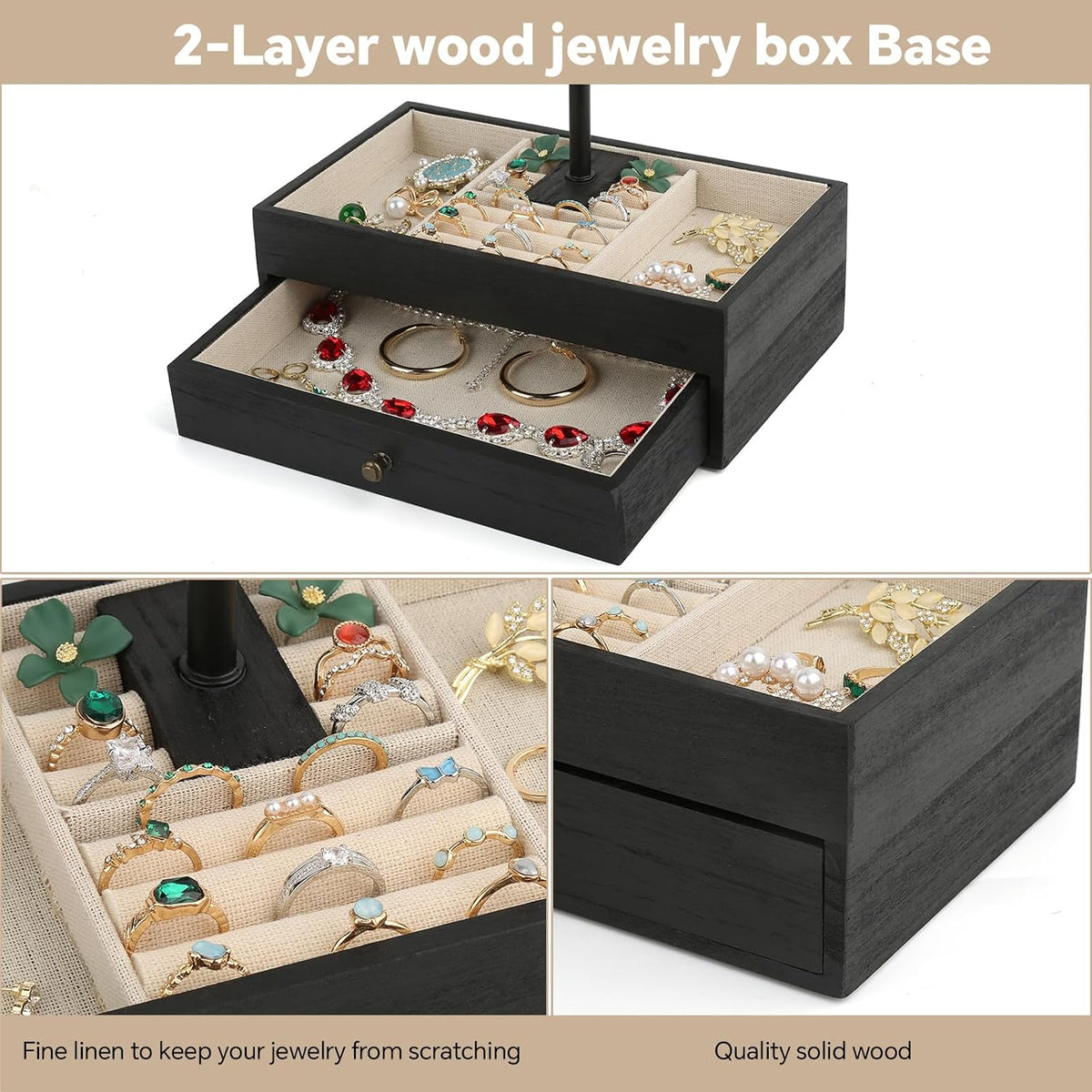 Two-layer black wood base with open linen-lined drawer and ring compartment close-up view