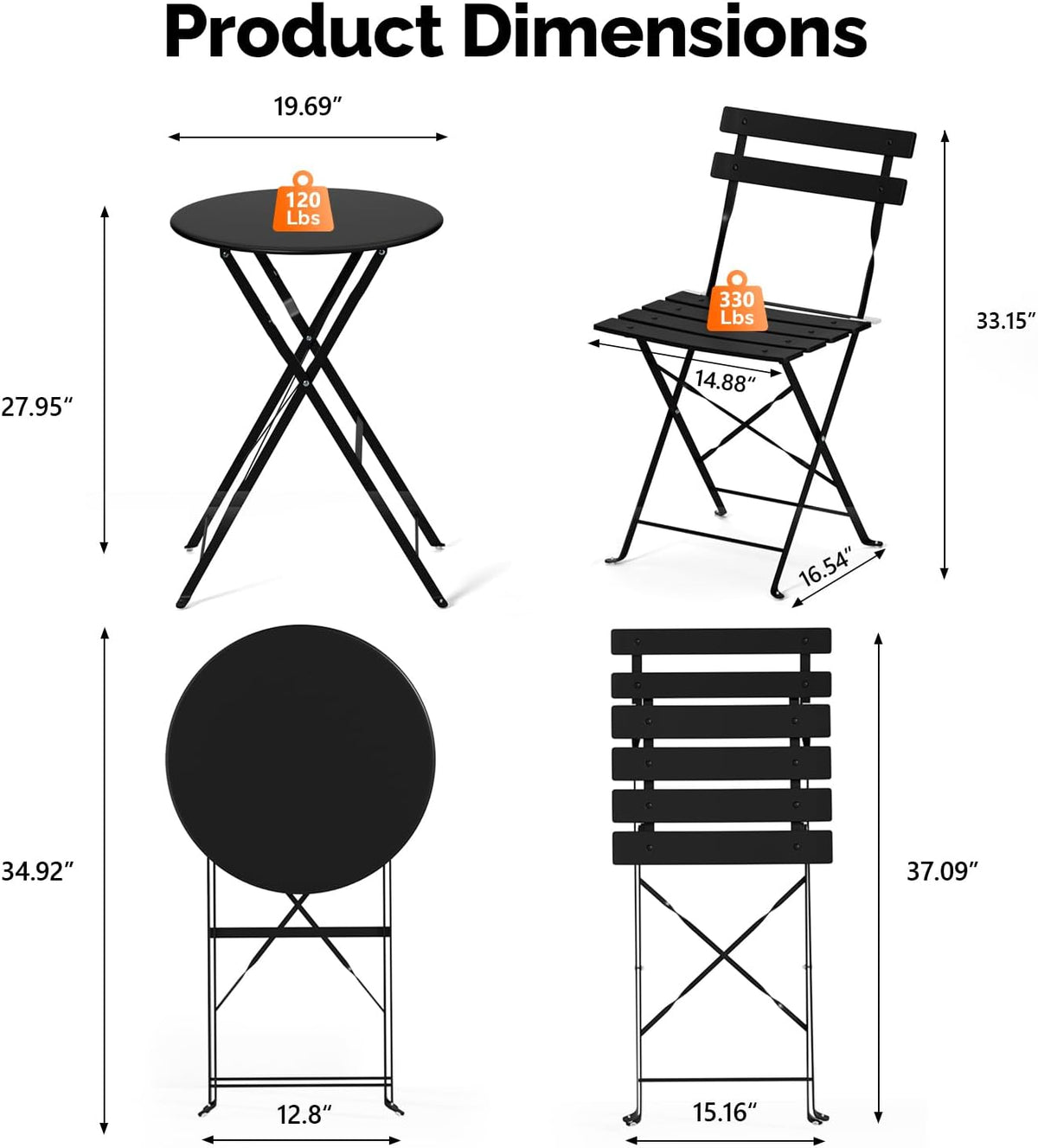 Black table and chair diagram showing folding positions and capacity icons with product illustrations